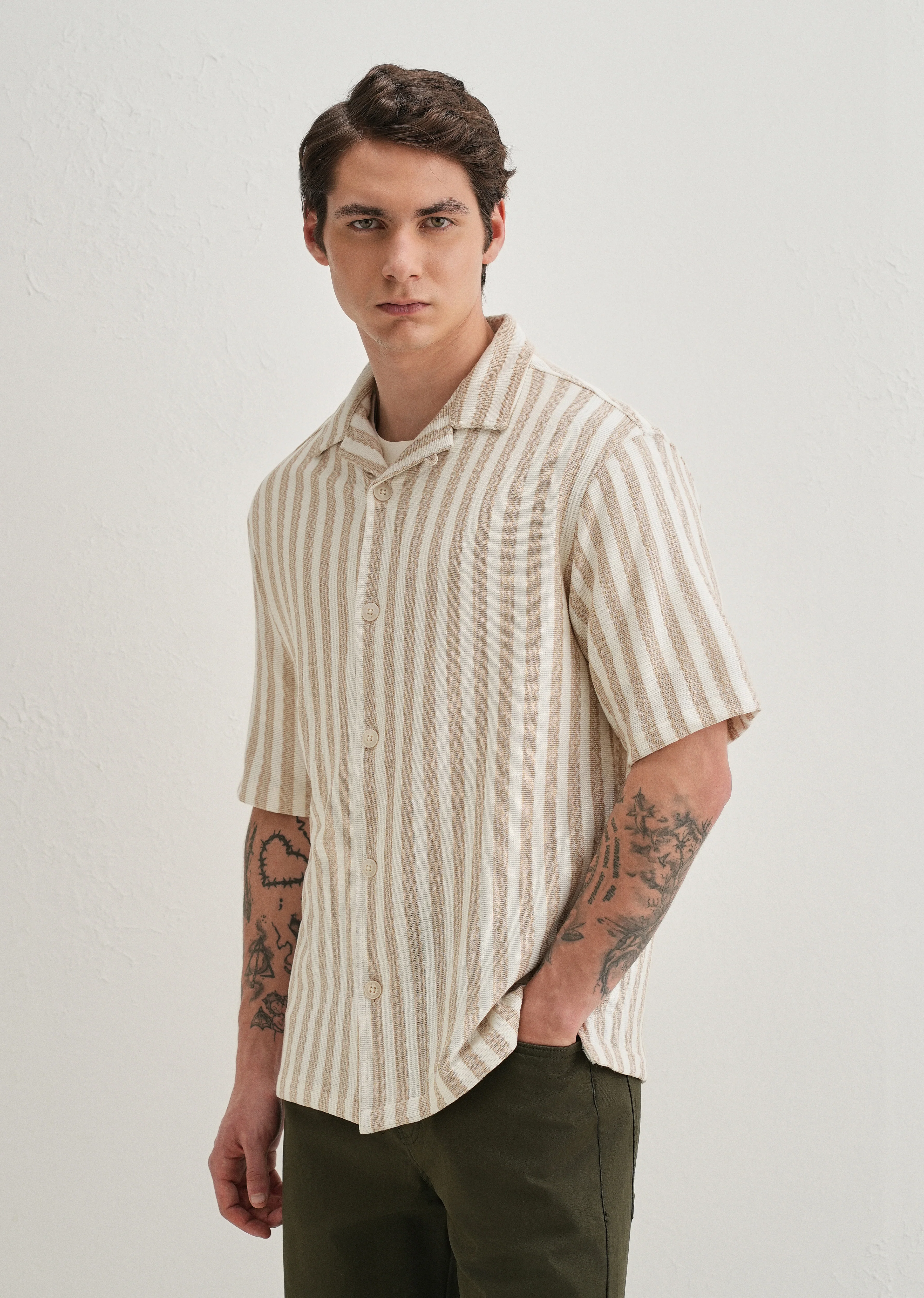 Beige Striped Knit Cuban Collar Shirt - Image 5
