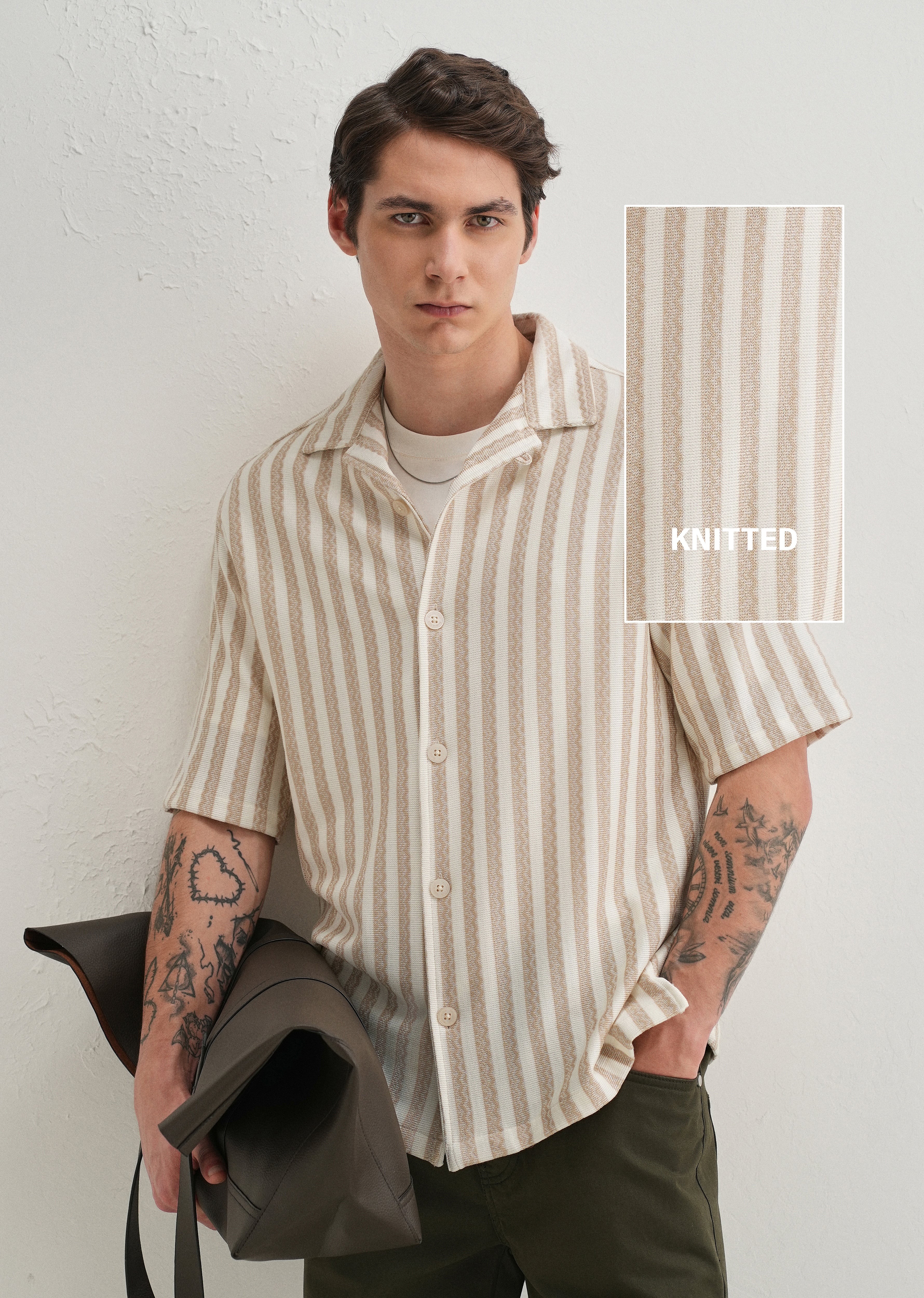 Beige Striped Knit Cuban Collar Shirt - Image 7