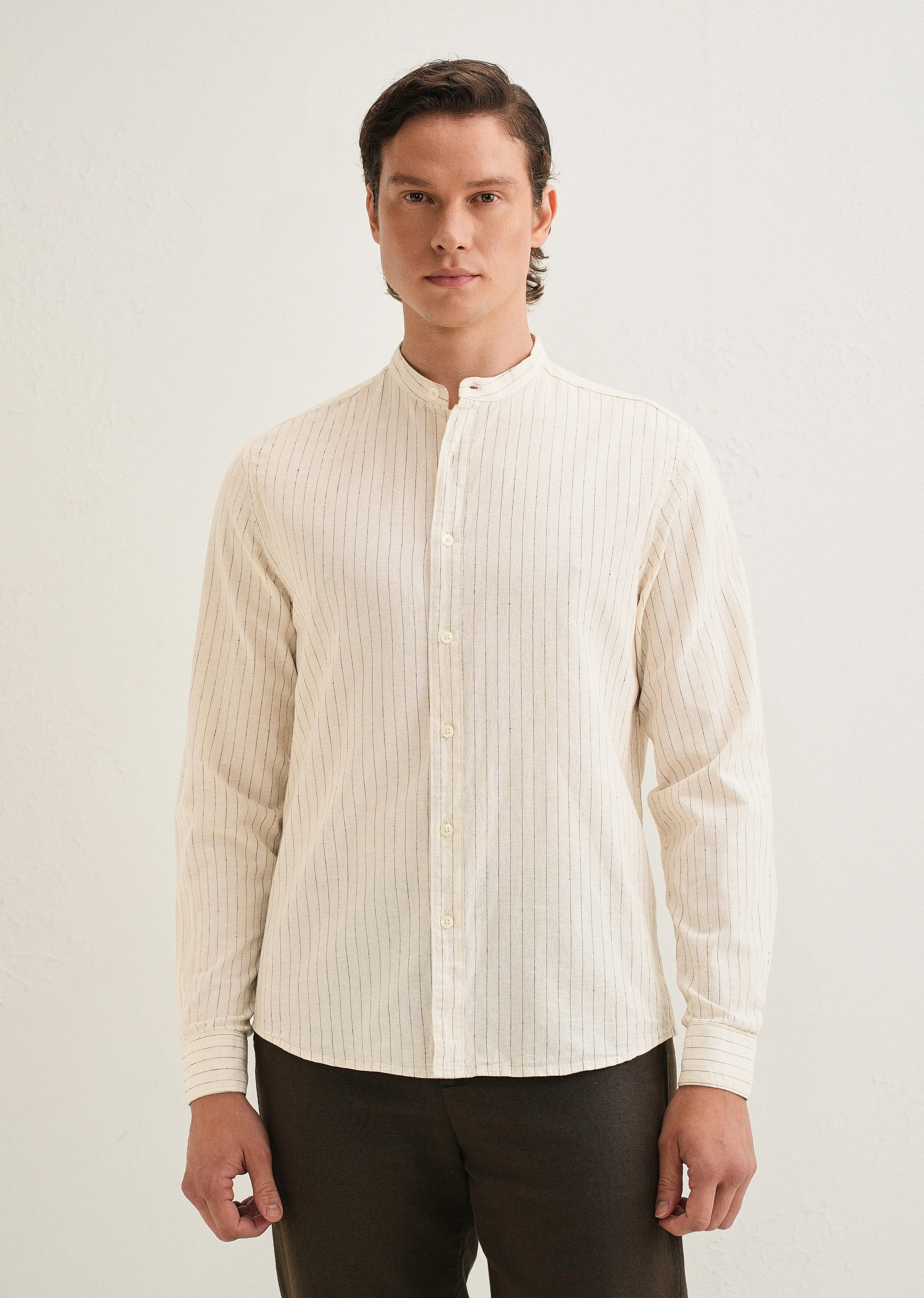 Beige Striped Mandarin Collar Cotton Shirt - Image 3
