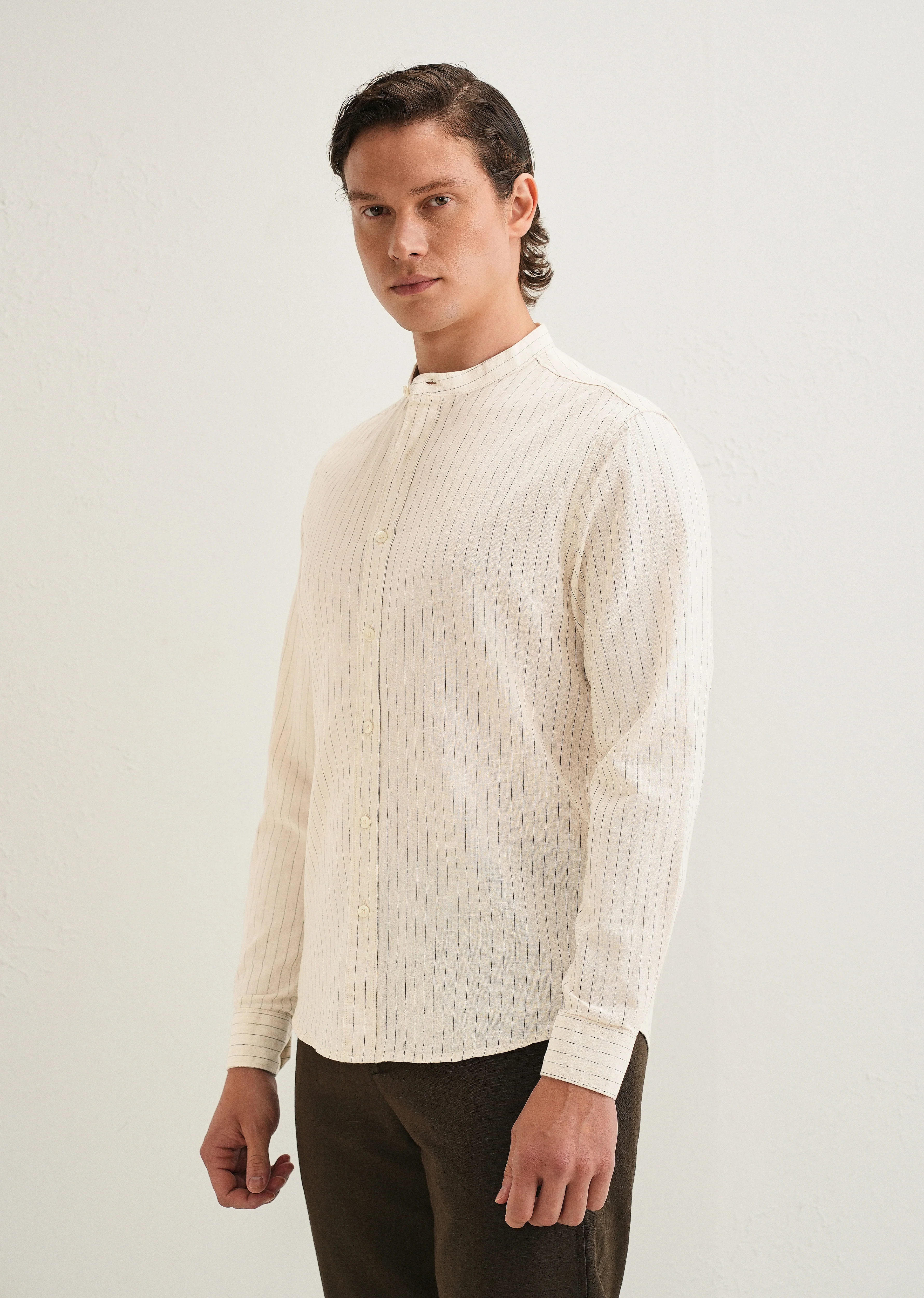Beige Striped Mandarin Collar Cotton Shirt - Image 5