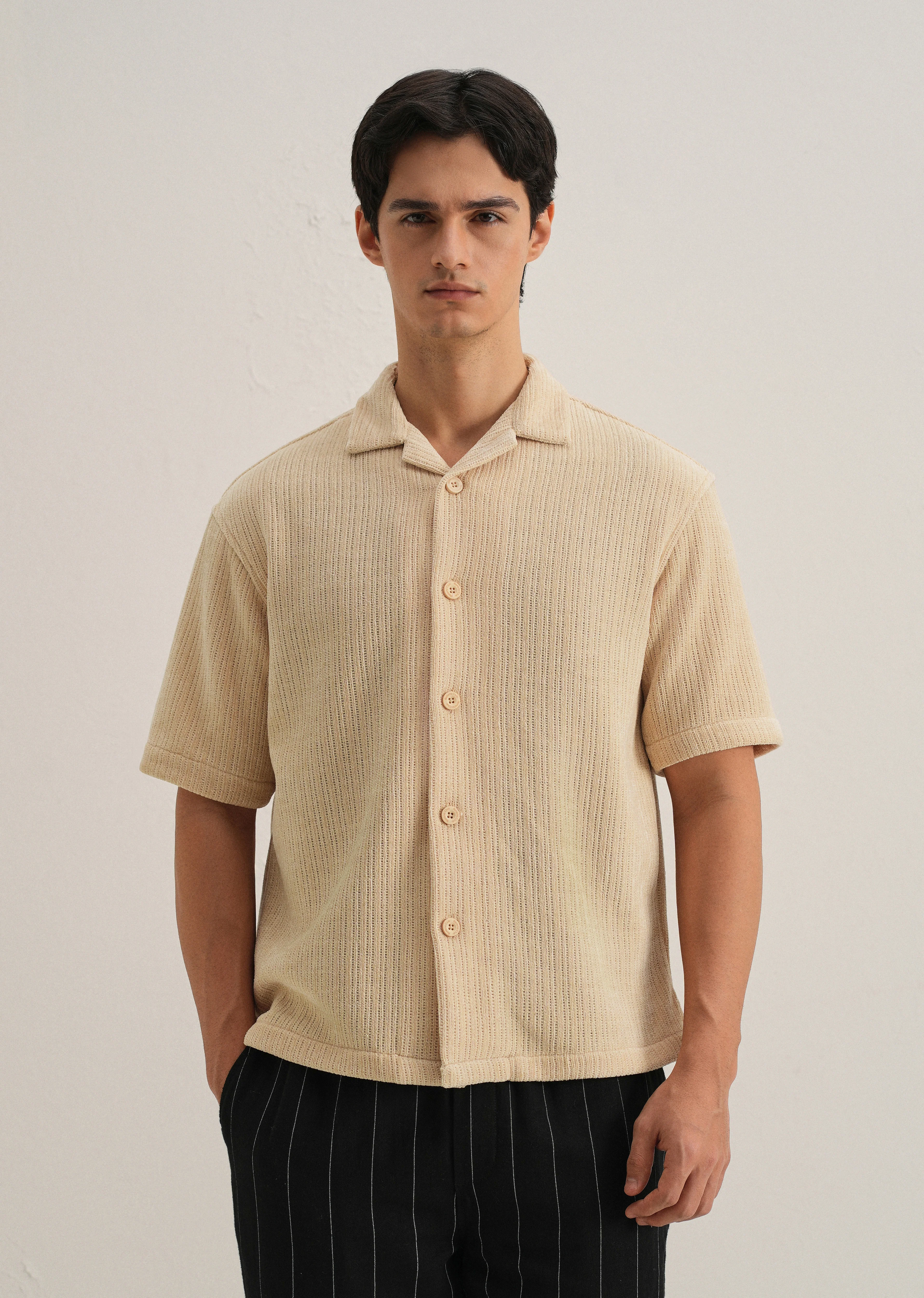 Beige Suede Knit Cuban Collar Shirt - Image 3