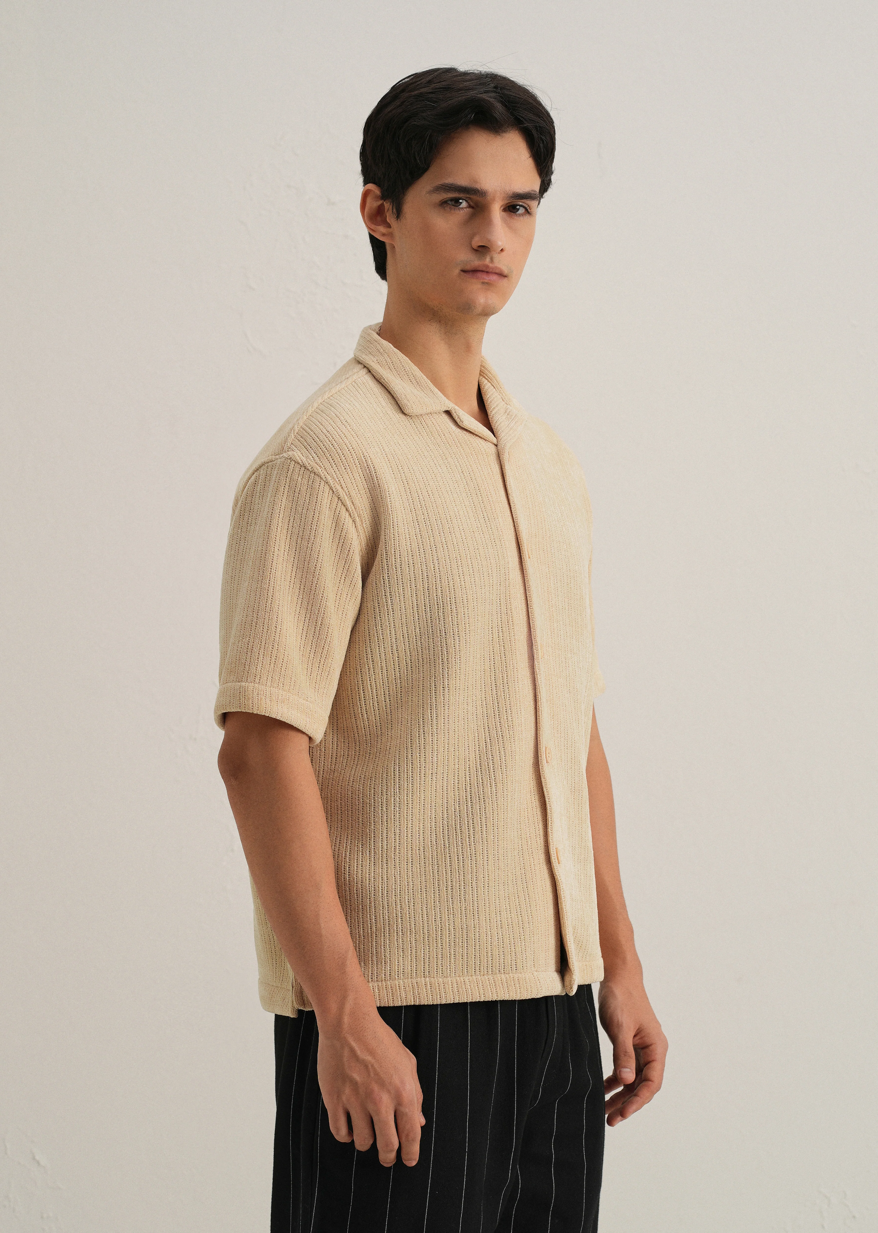 Beige Suede Knit Cuban Collar Shirt - Image 4