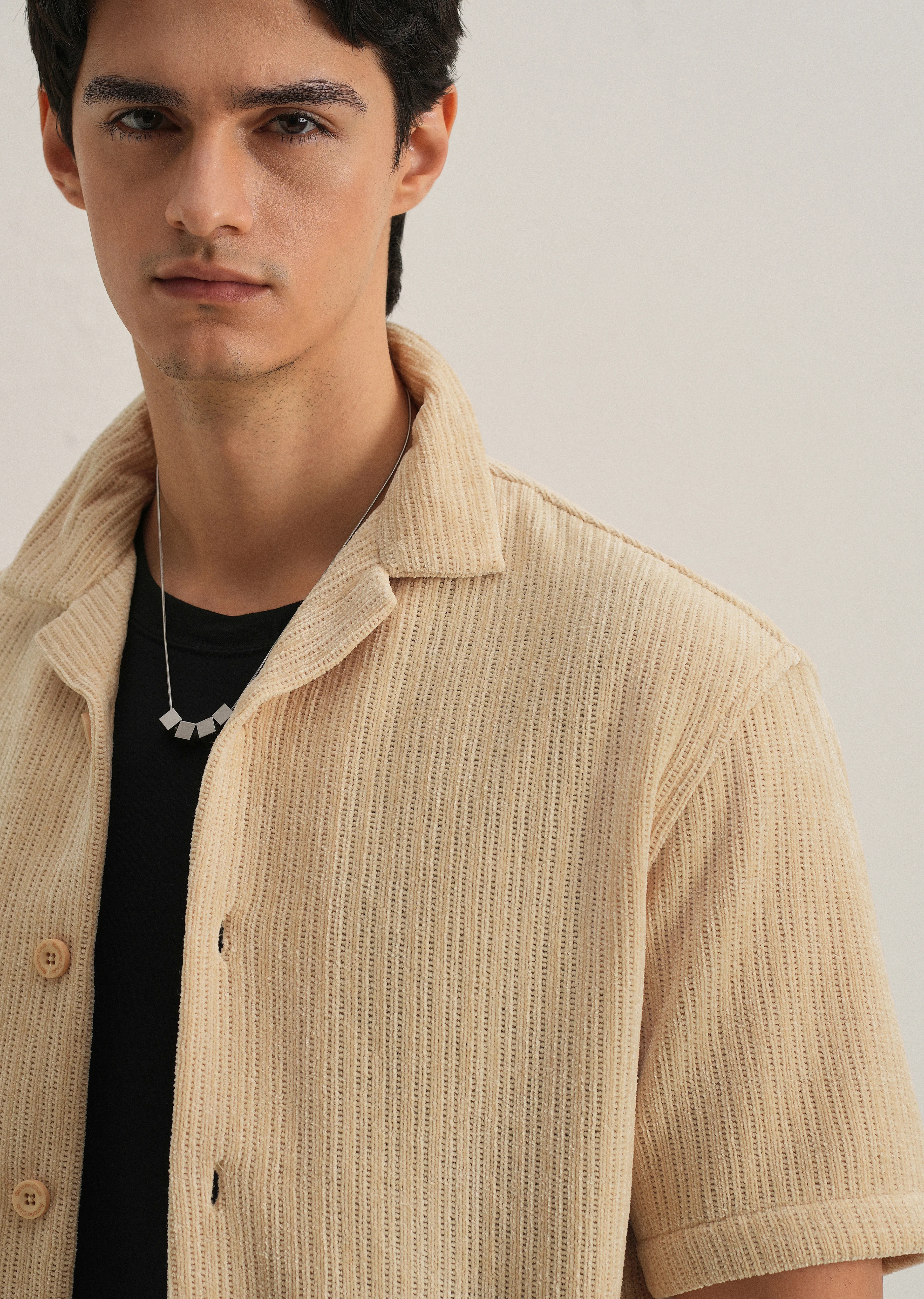 Beige Suede Knit Cuban Collar Shirt - Image 5