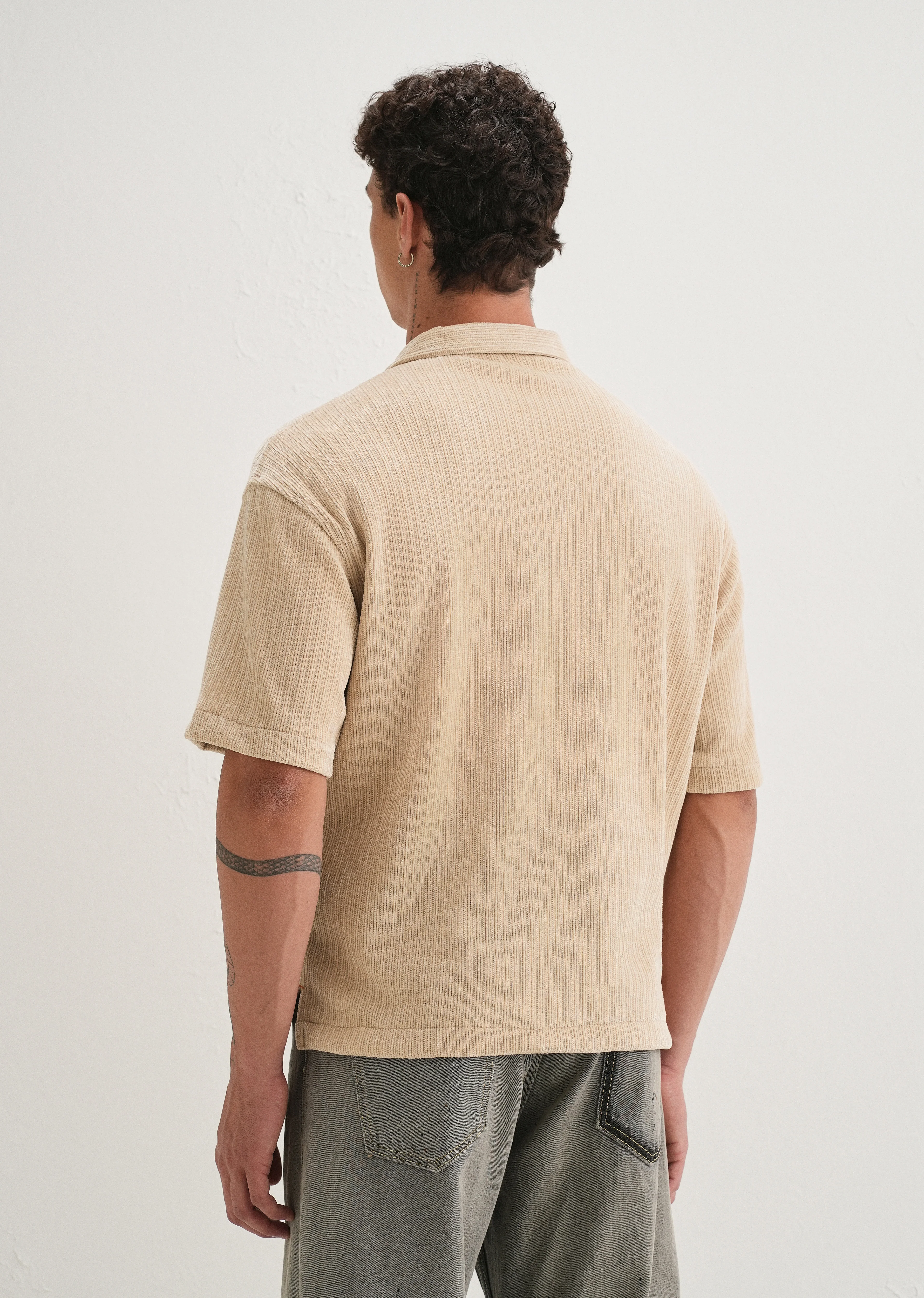 Beige Suede Knit Half Sleeve Shirt - Image 2