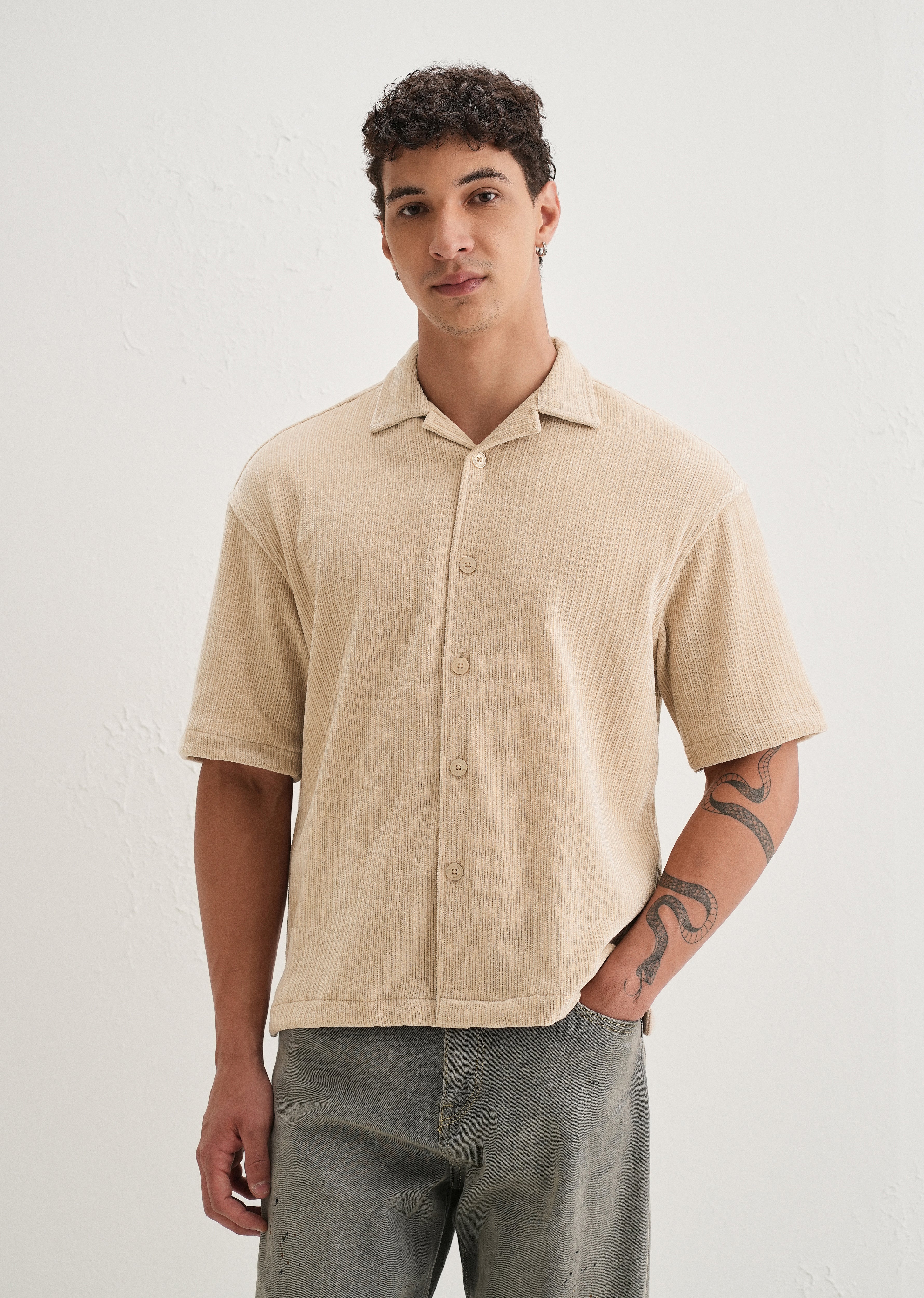 Beige Suede Knit Half Sleeve Shirt - Image 3