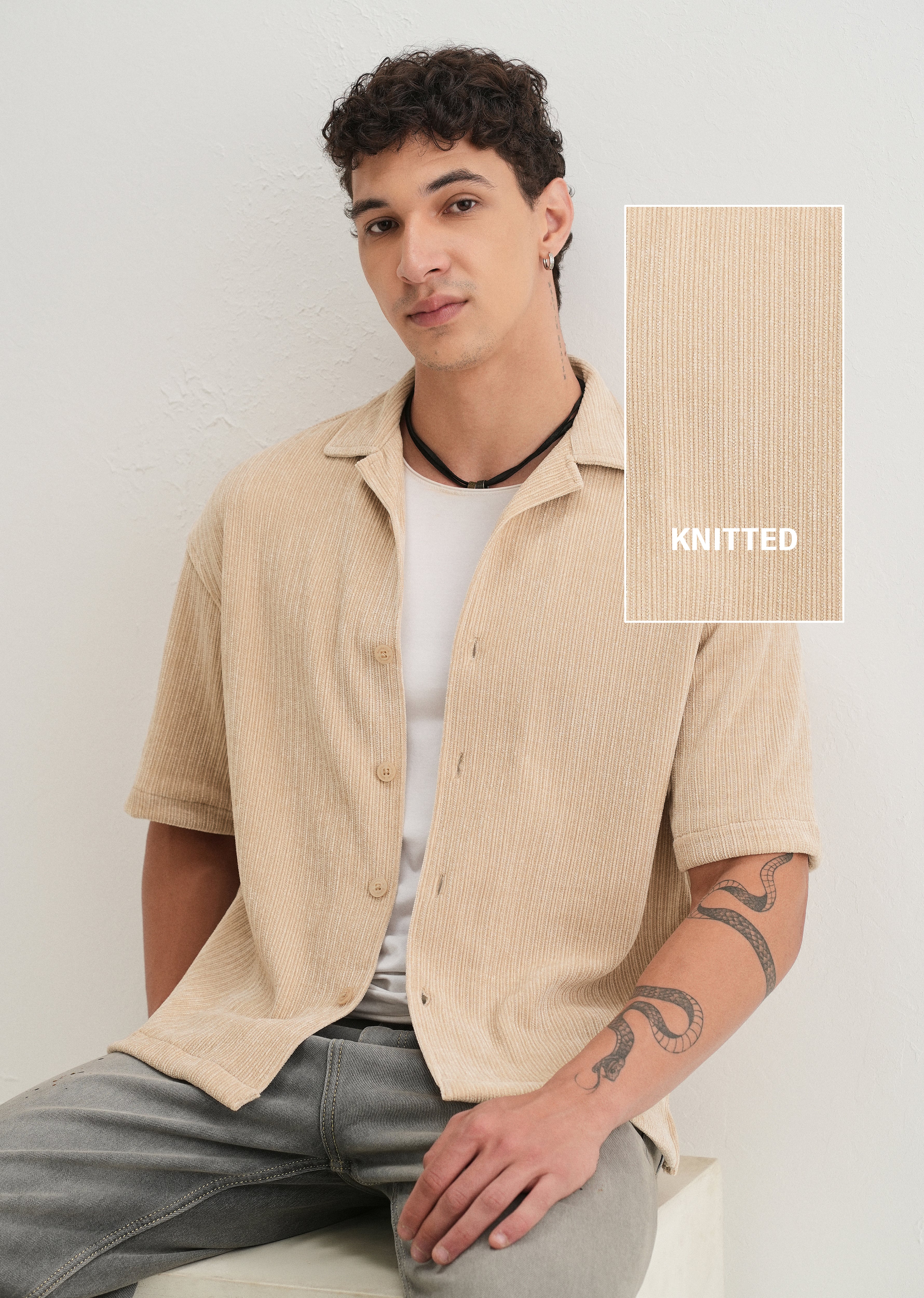Beige Suede Knit Half Sleeve Shirt - Image 7