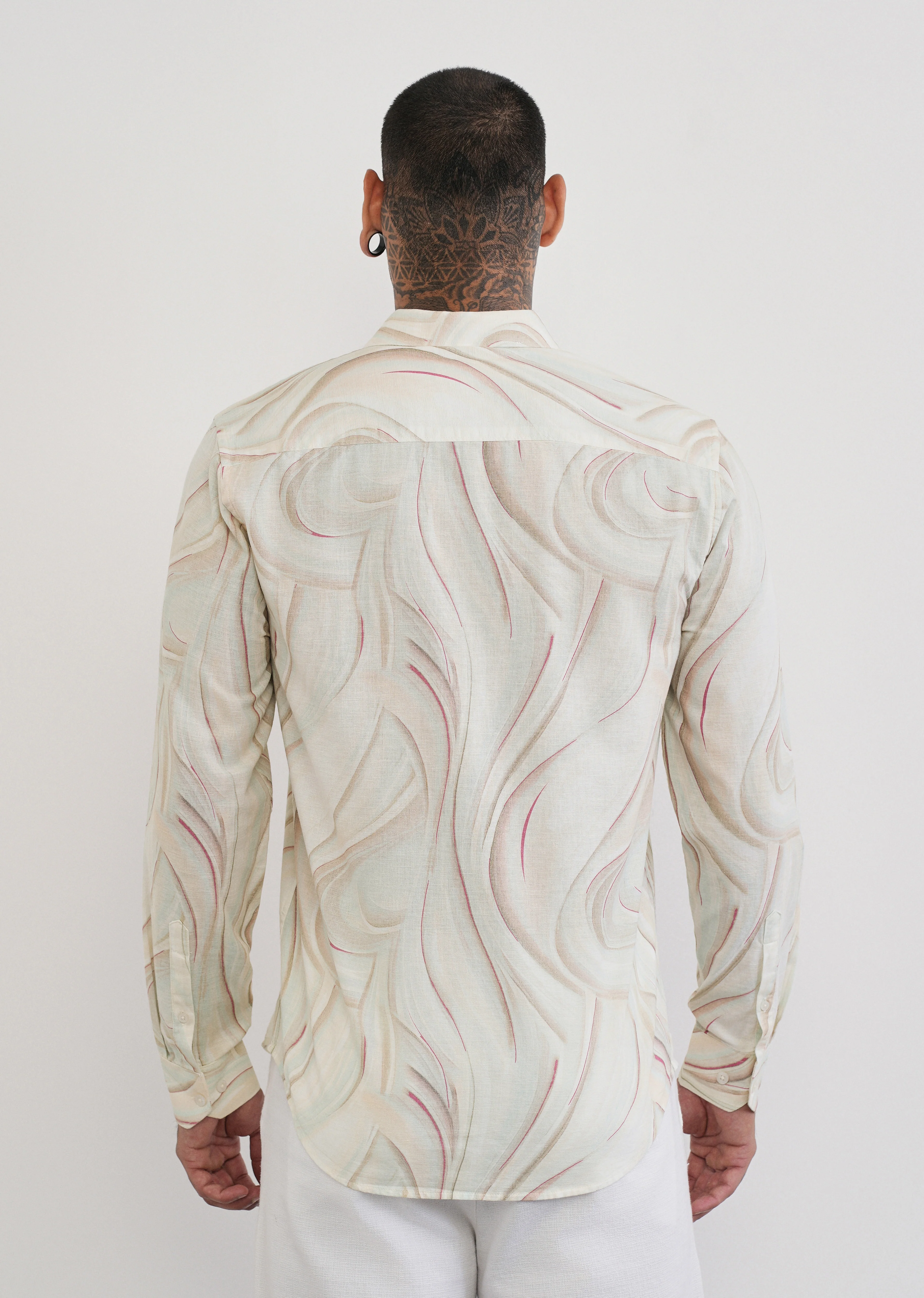 Beige Swirl Print Cotton Linen Shirt - Image 2