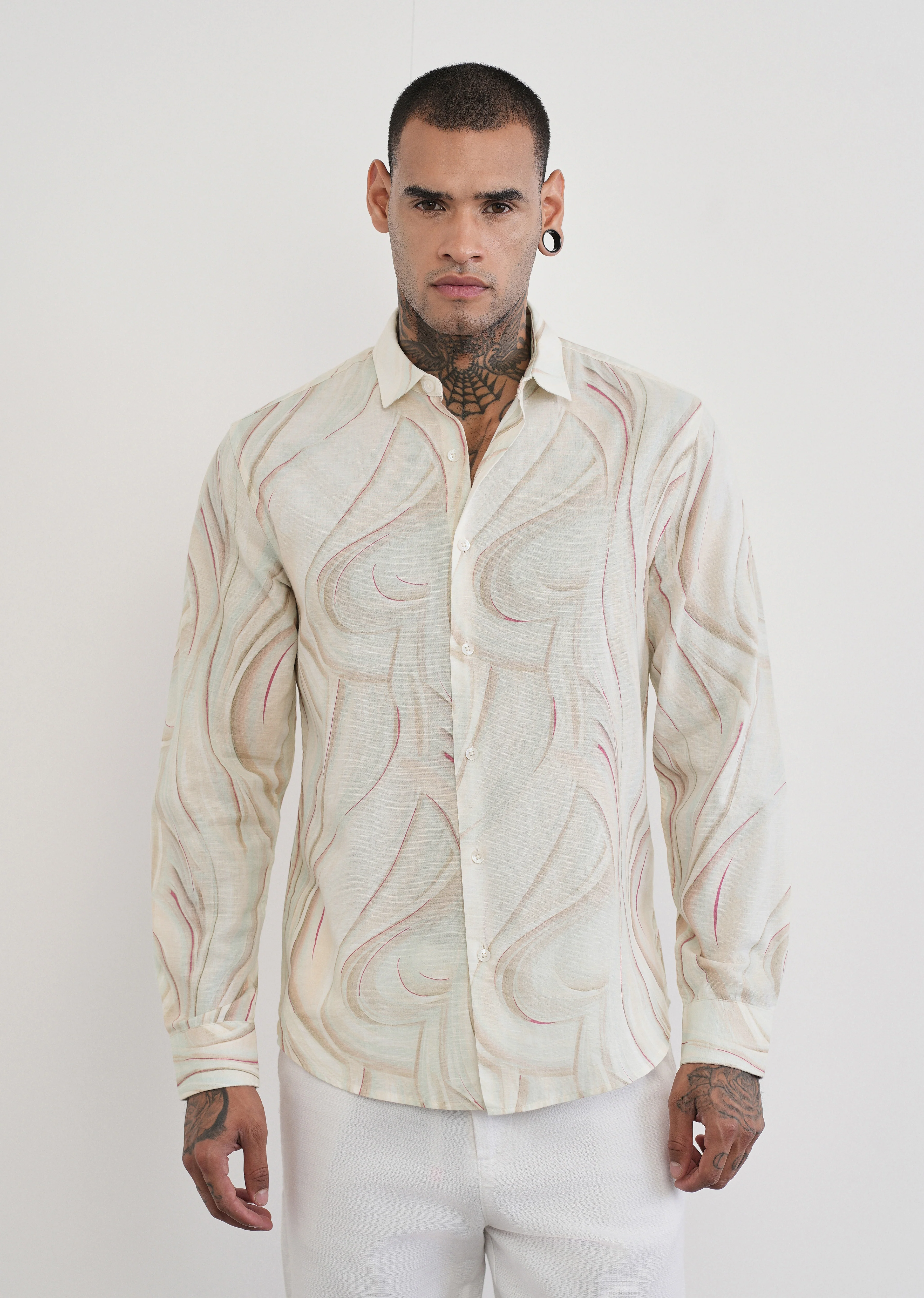 Beige Swirl Print Cotton Linen Shirt - Image 3