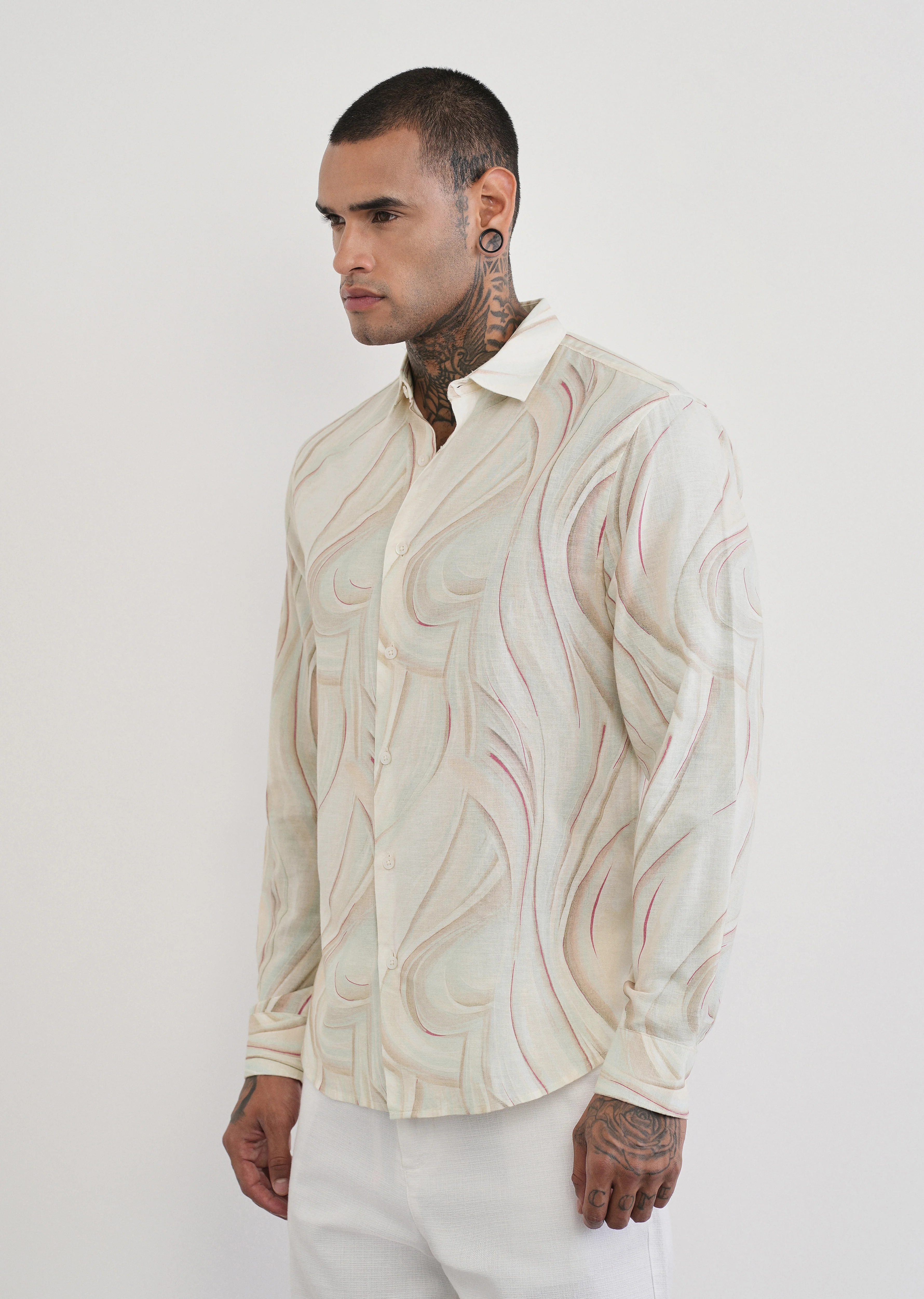 Beige Swirl Print Cotton Linen Shirt - Image 4