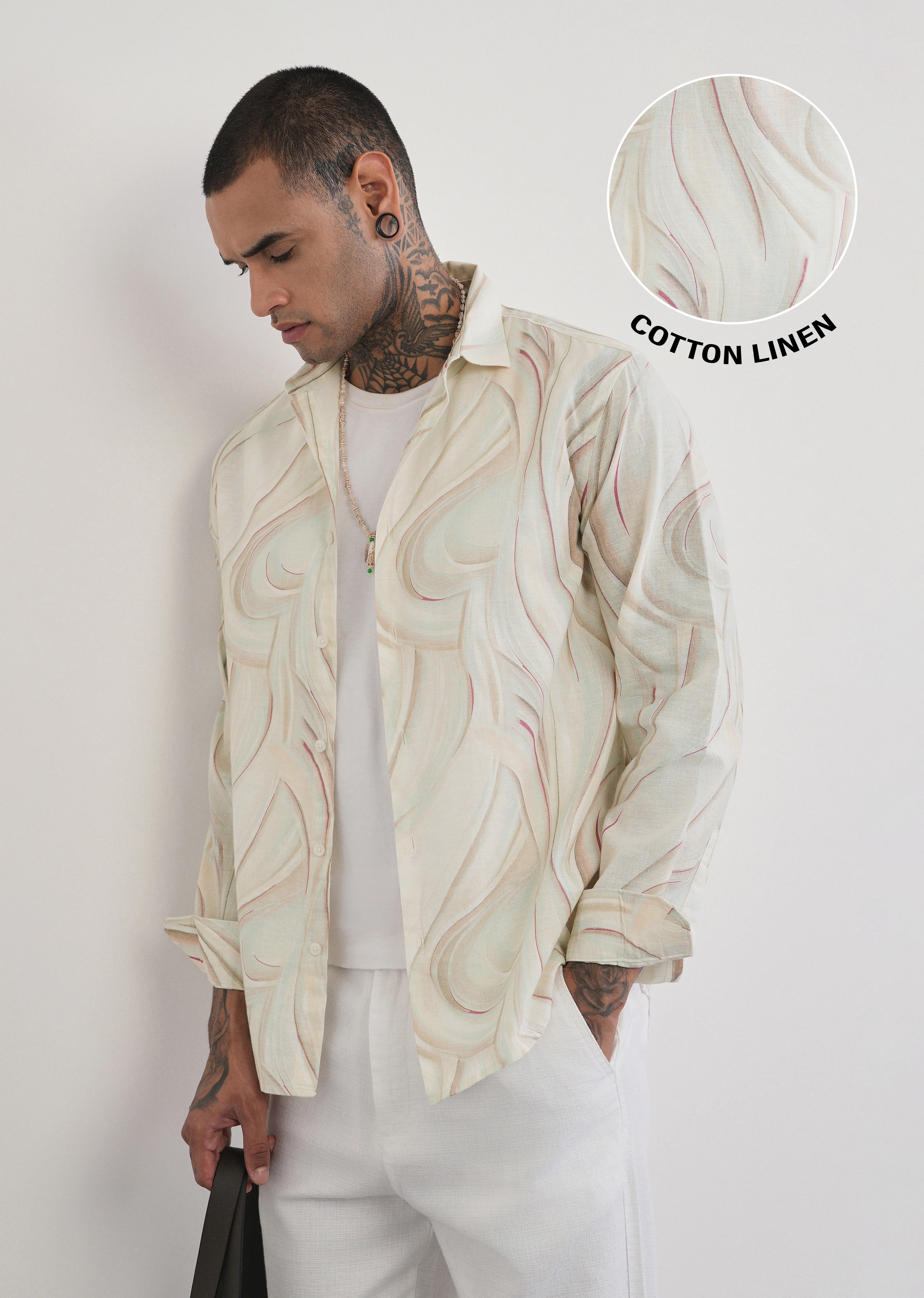 Beige Swirl Print Cotton Linen Shirt - Image 7