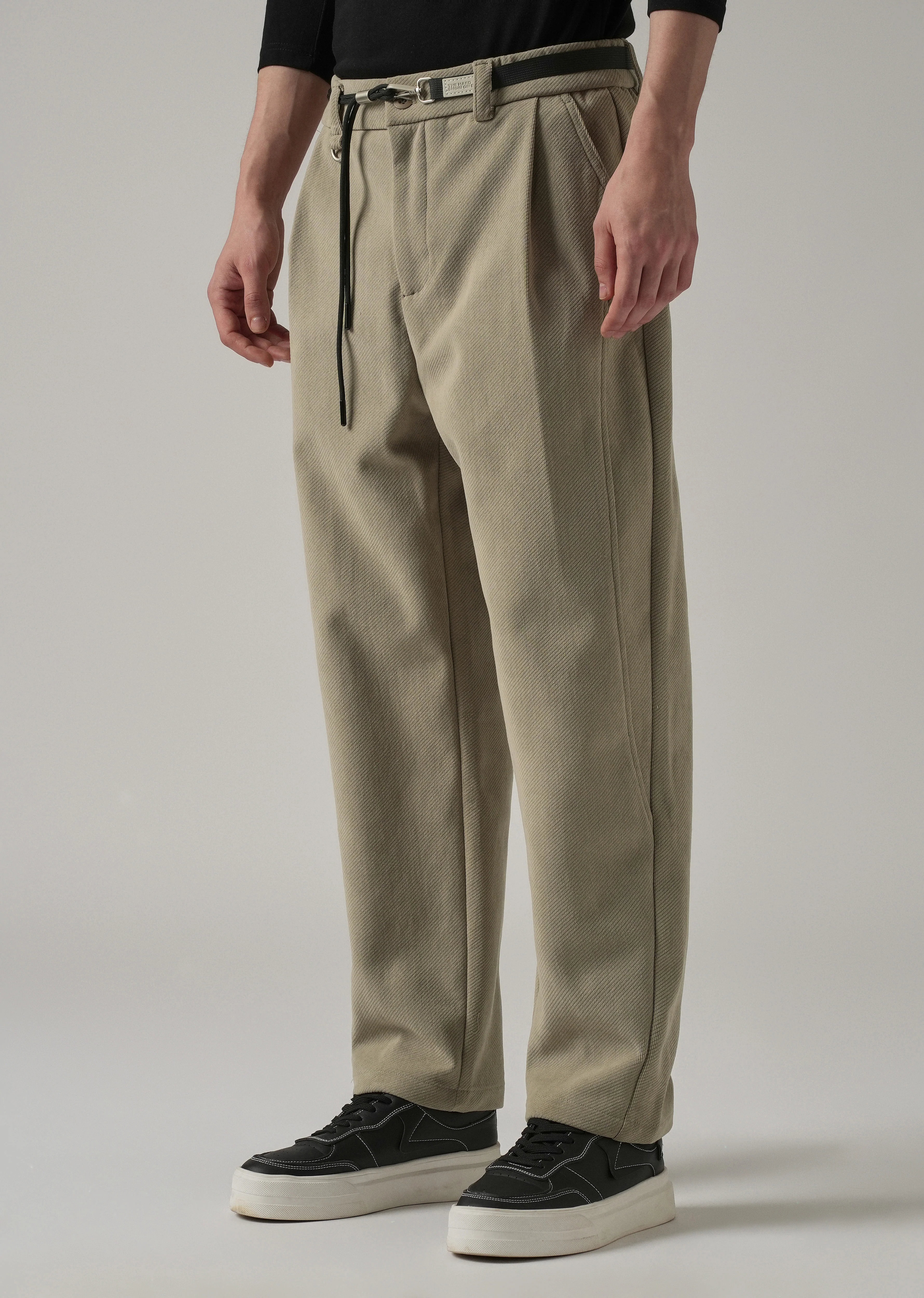 Beige Textured Corduroy Belt Pant - Image 4