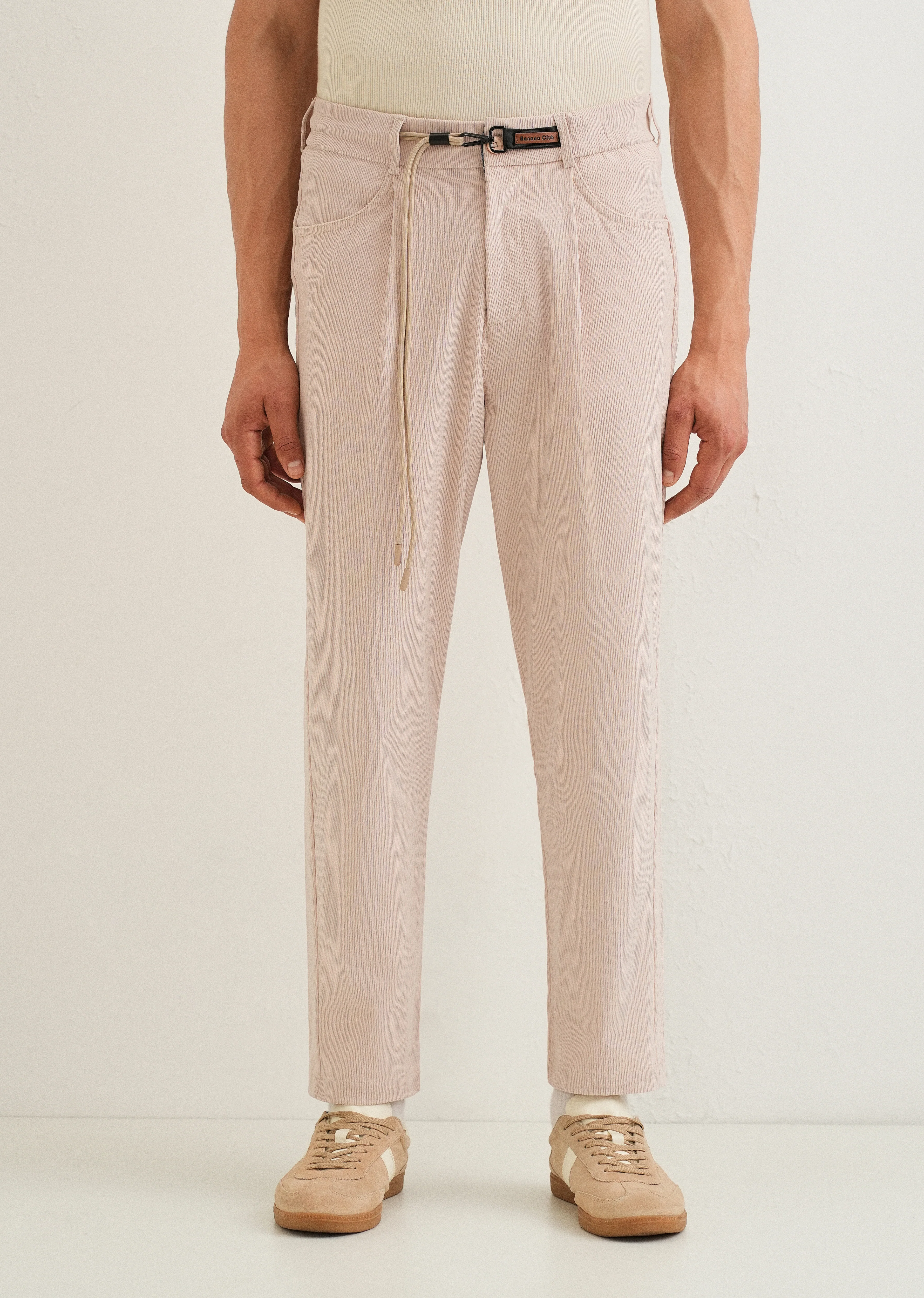 Beige Textured Corduroy Drawstring Pant - Image 3