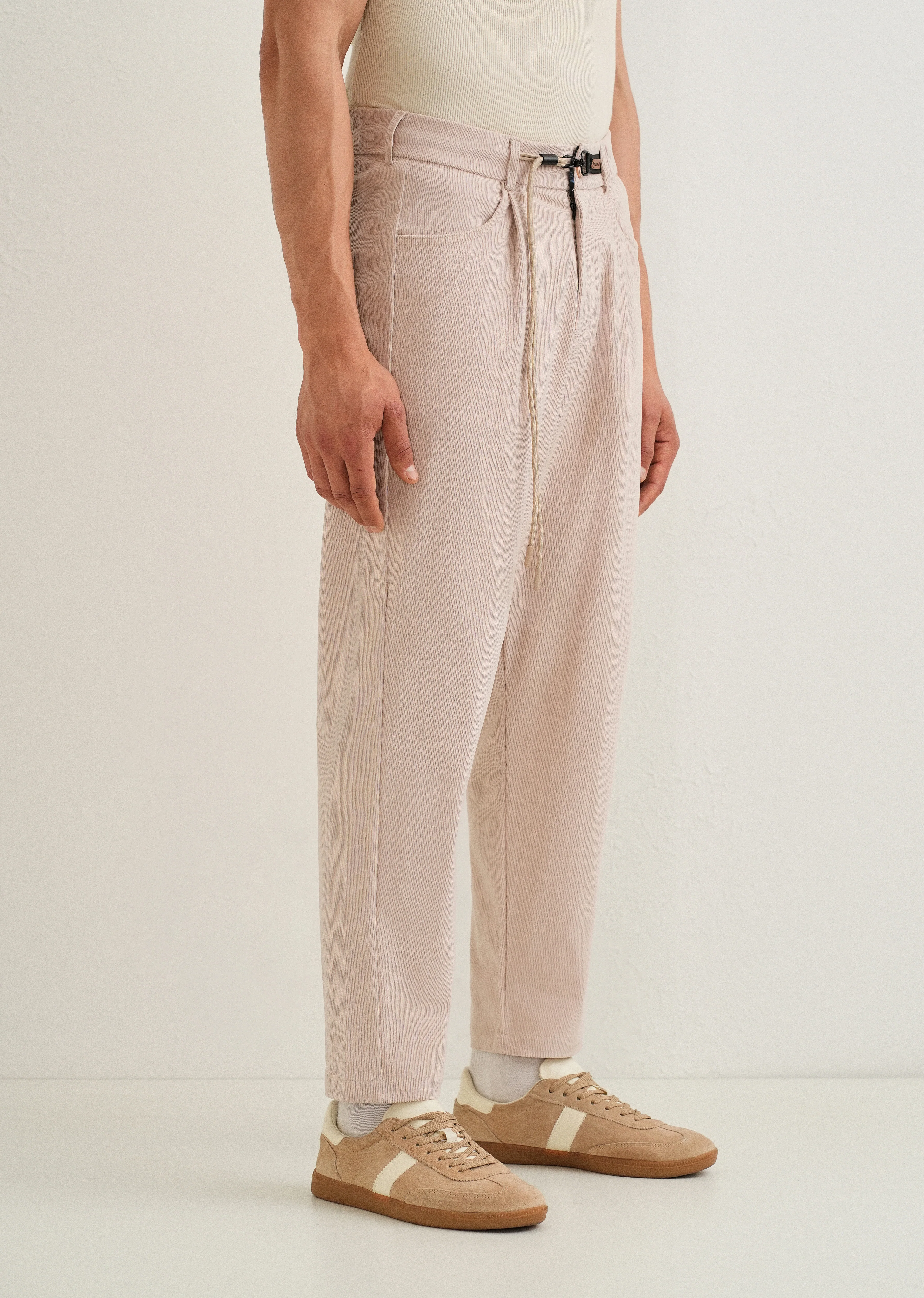 Beige Textured Corduroy Drawstring Pant - Image 4