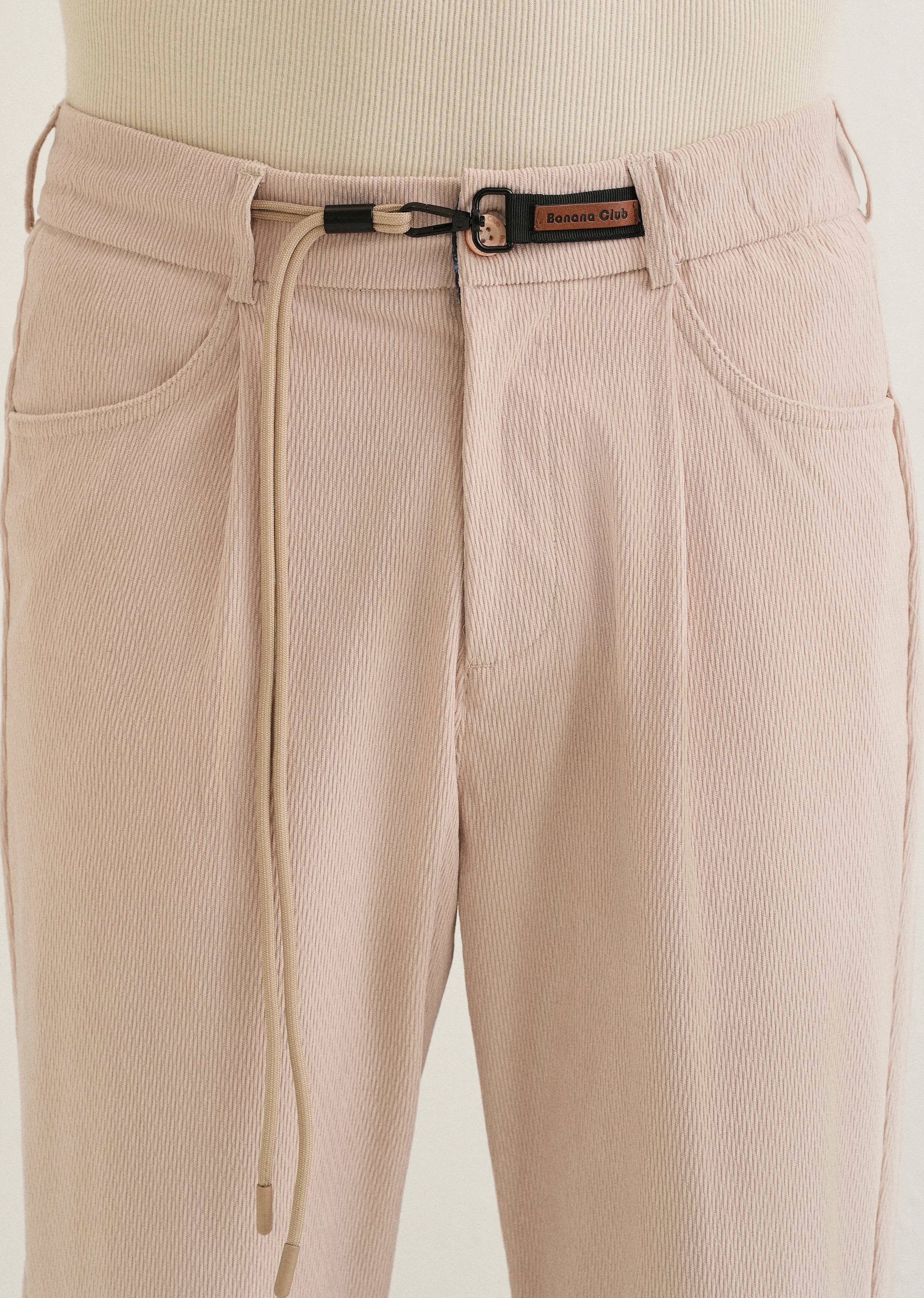 Beige Textured Corduroy Drawstring Pant - Image 5