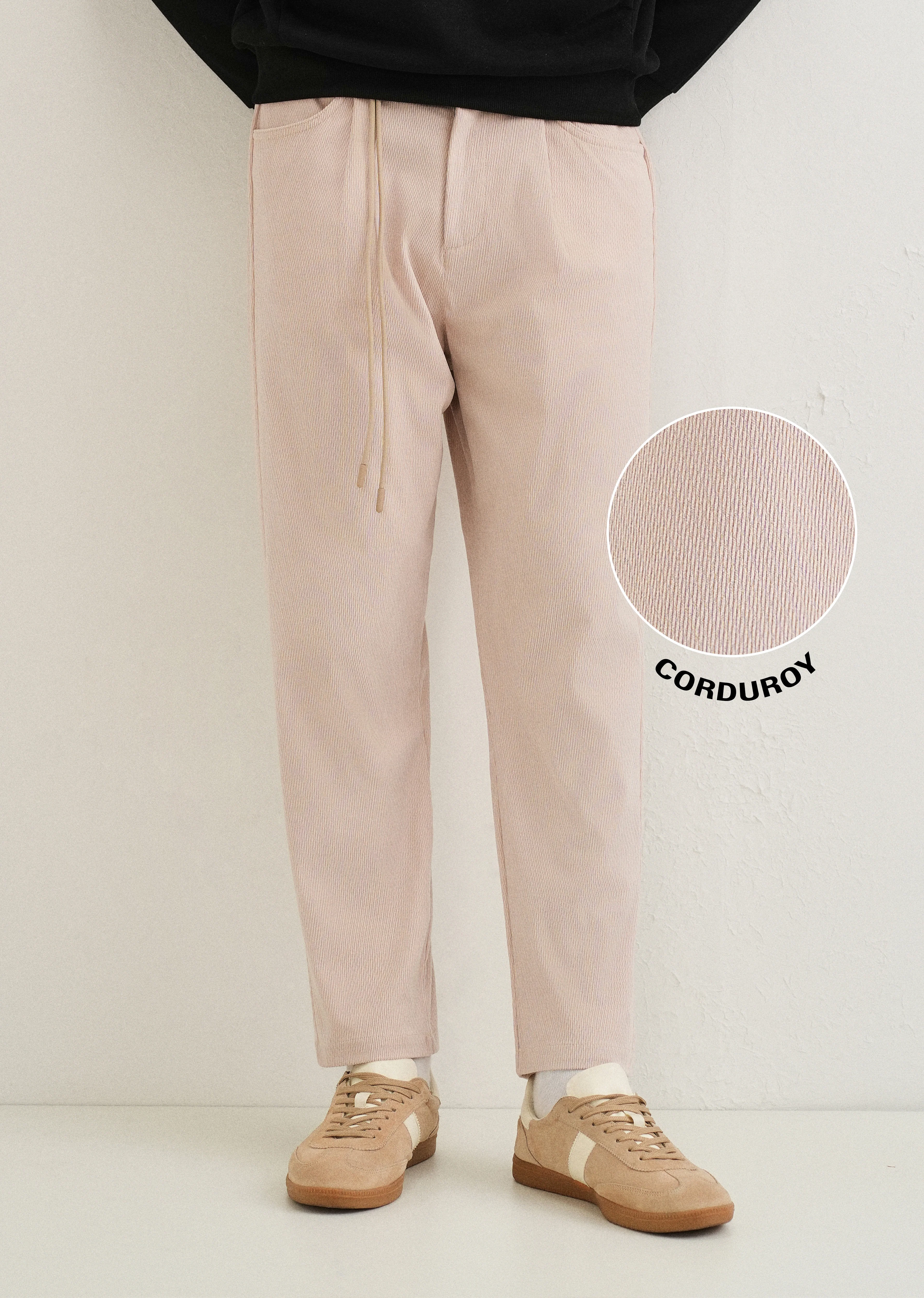 Beige Textured Corduroy Drawstring Pant - Image 7
