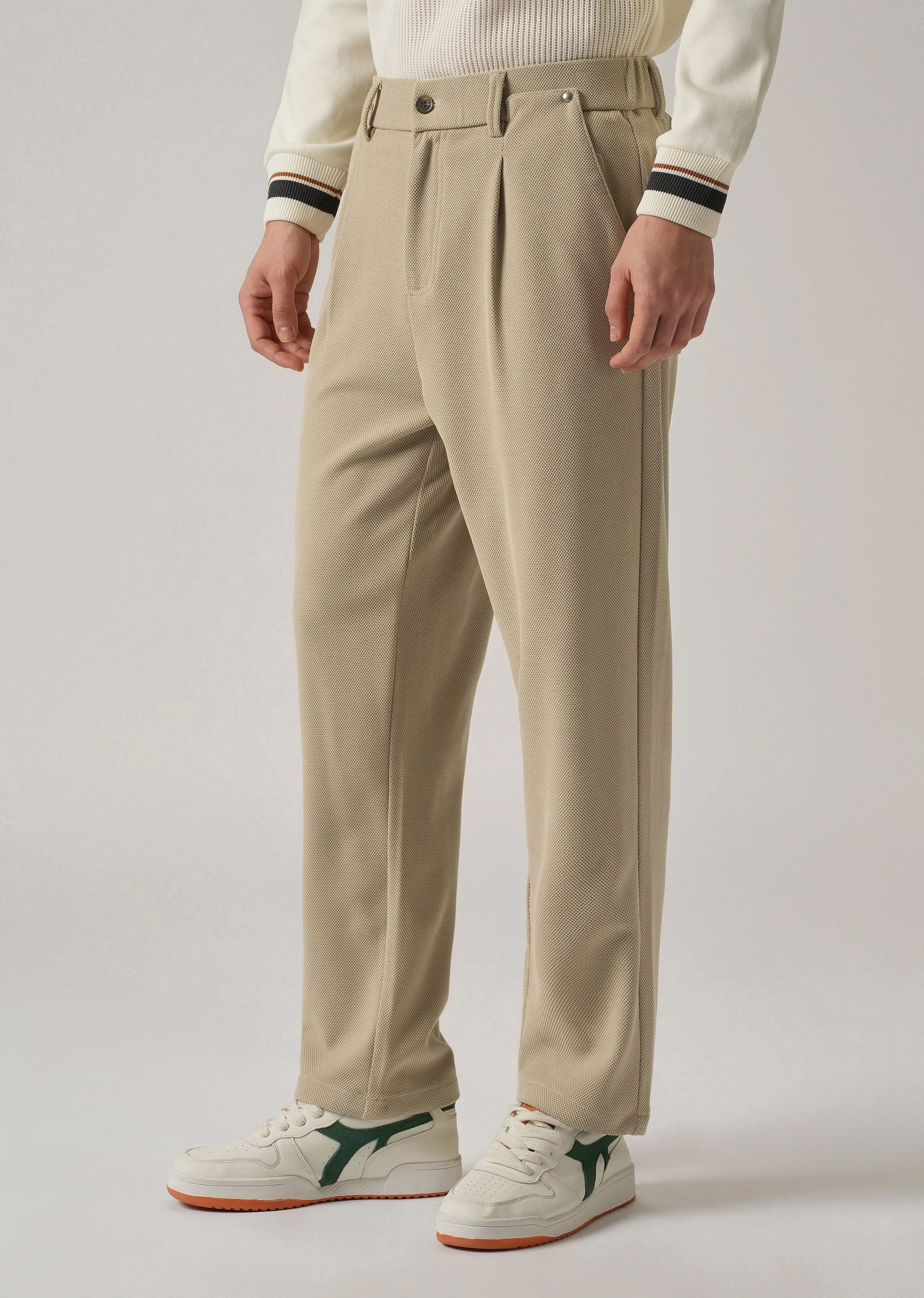 Beige Textured Pleated Relaxed Fit Pant - Image 3