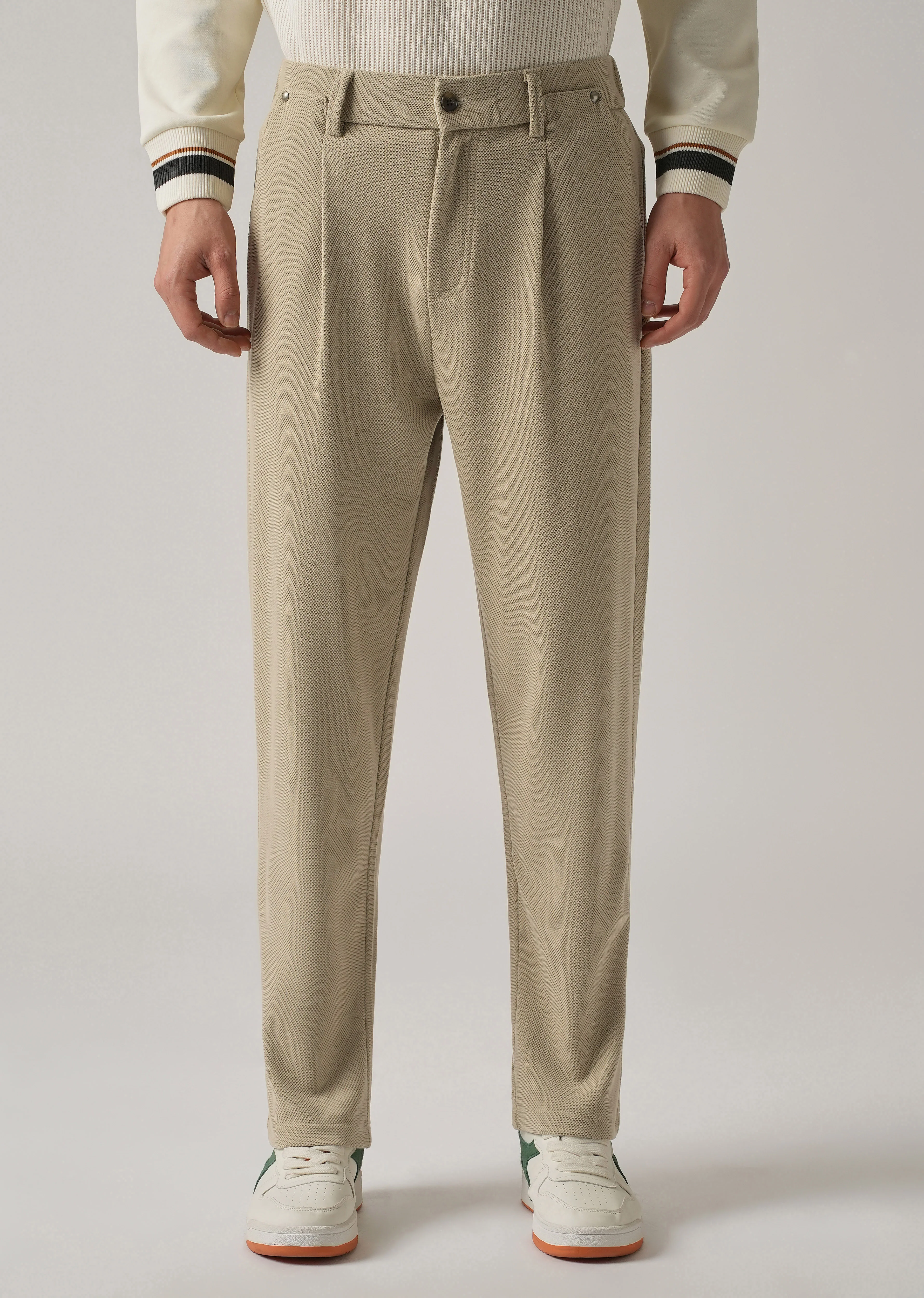 Beige Textured Pleated Relaxed Fit Pant - Image 4