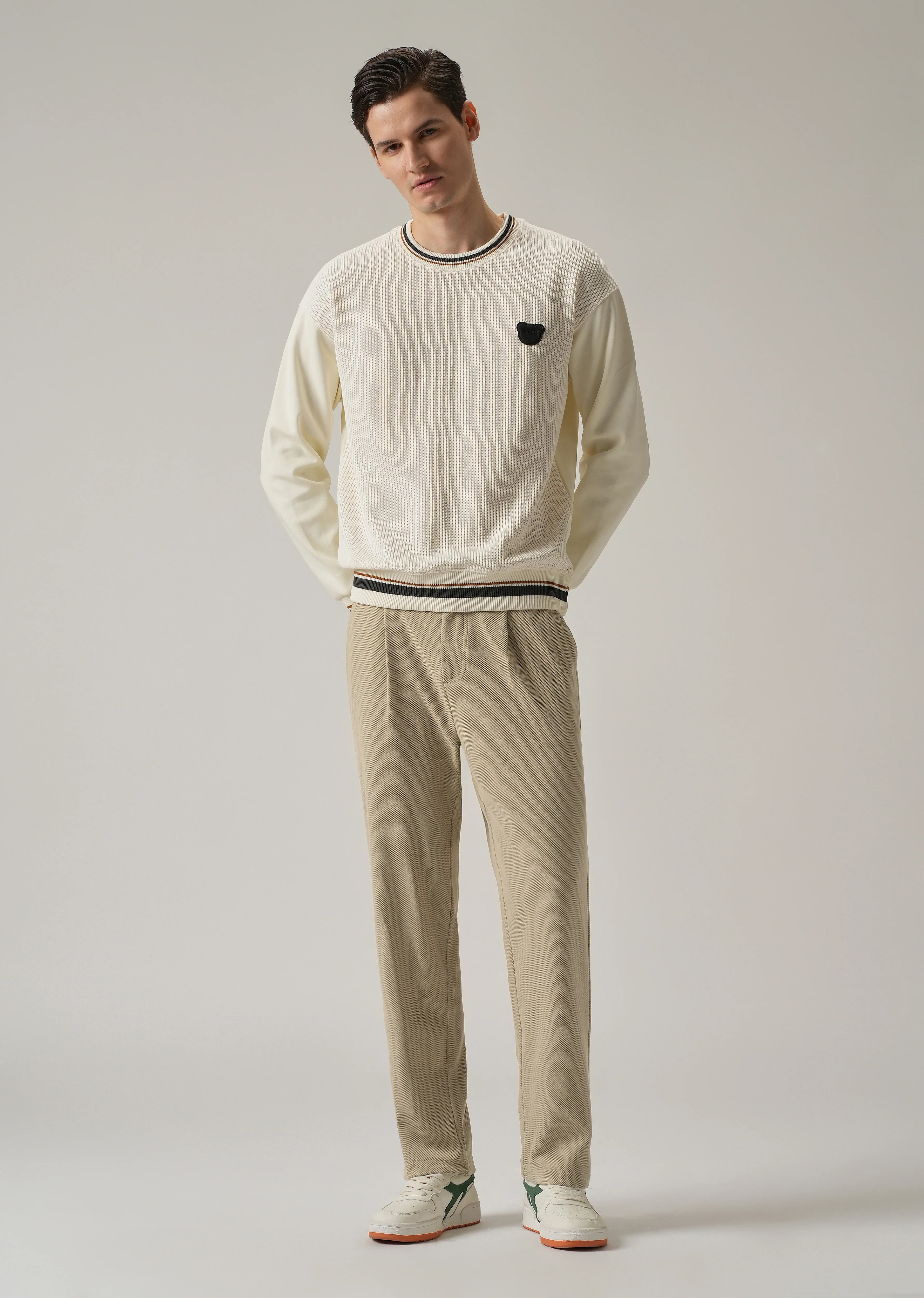 Beige Textured Pleated Relaxed Fit Pant - Image 6