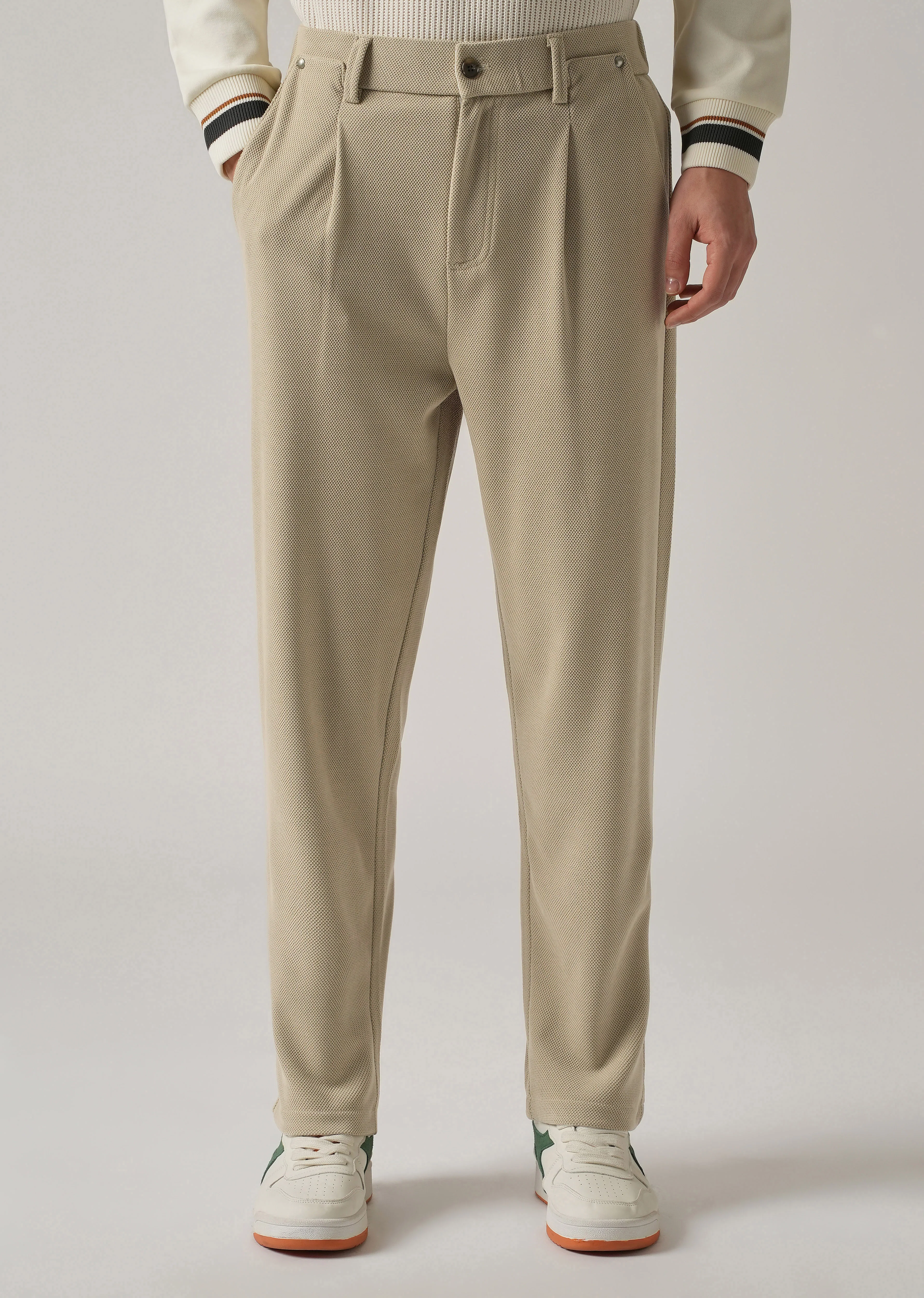 Beige Textured Pleated Relaxed Fit Pant - Image 7