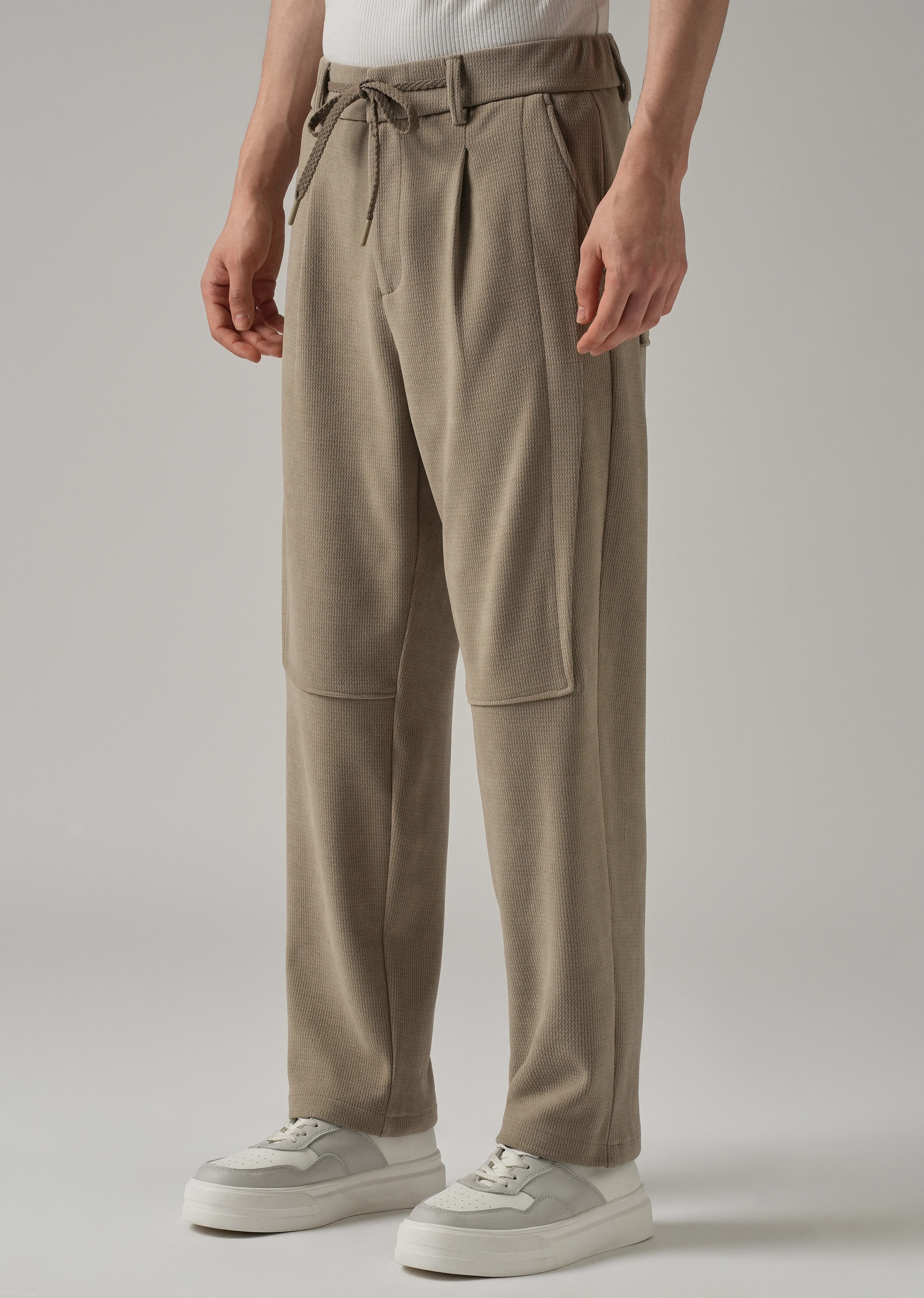 Beige Textured Suede Drawstring Pant - Image 4