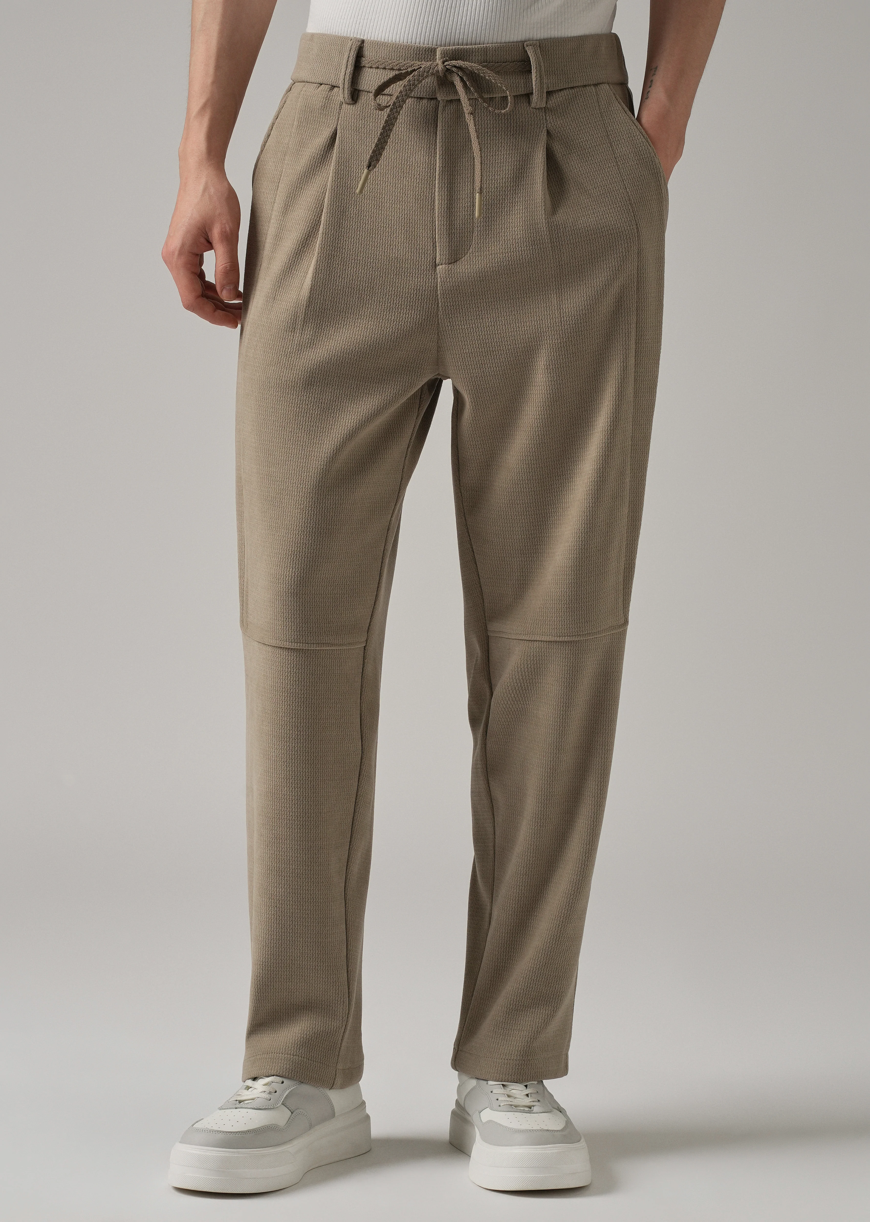 Beige Textured Suede Drawstring Pant - Image 7