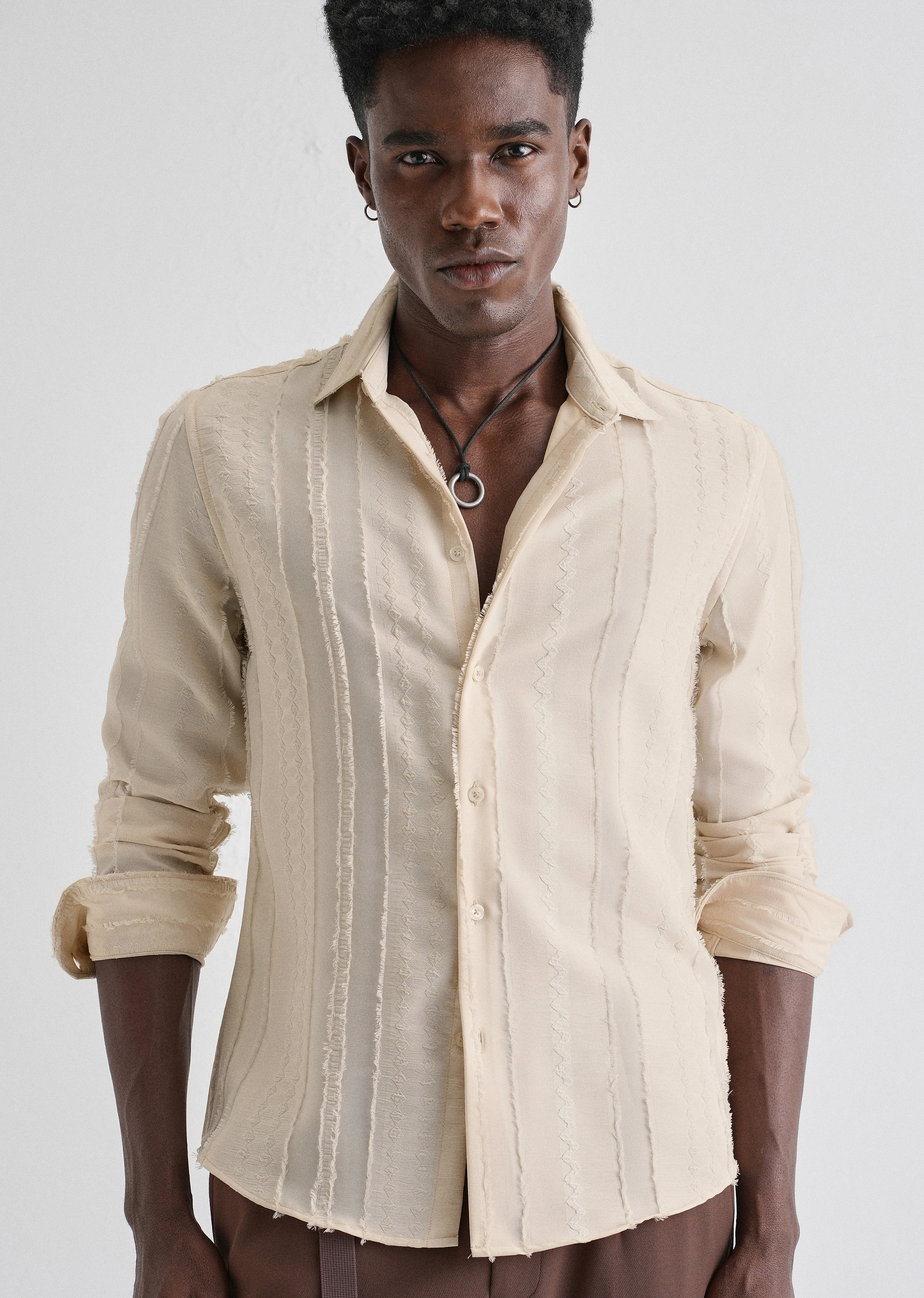 Beige Vertical Chevron Striped Shirt - Image 7