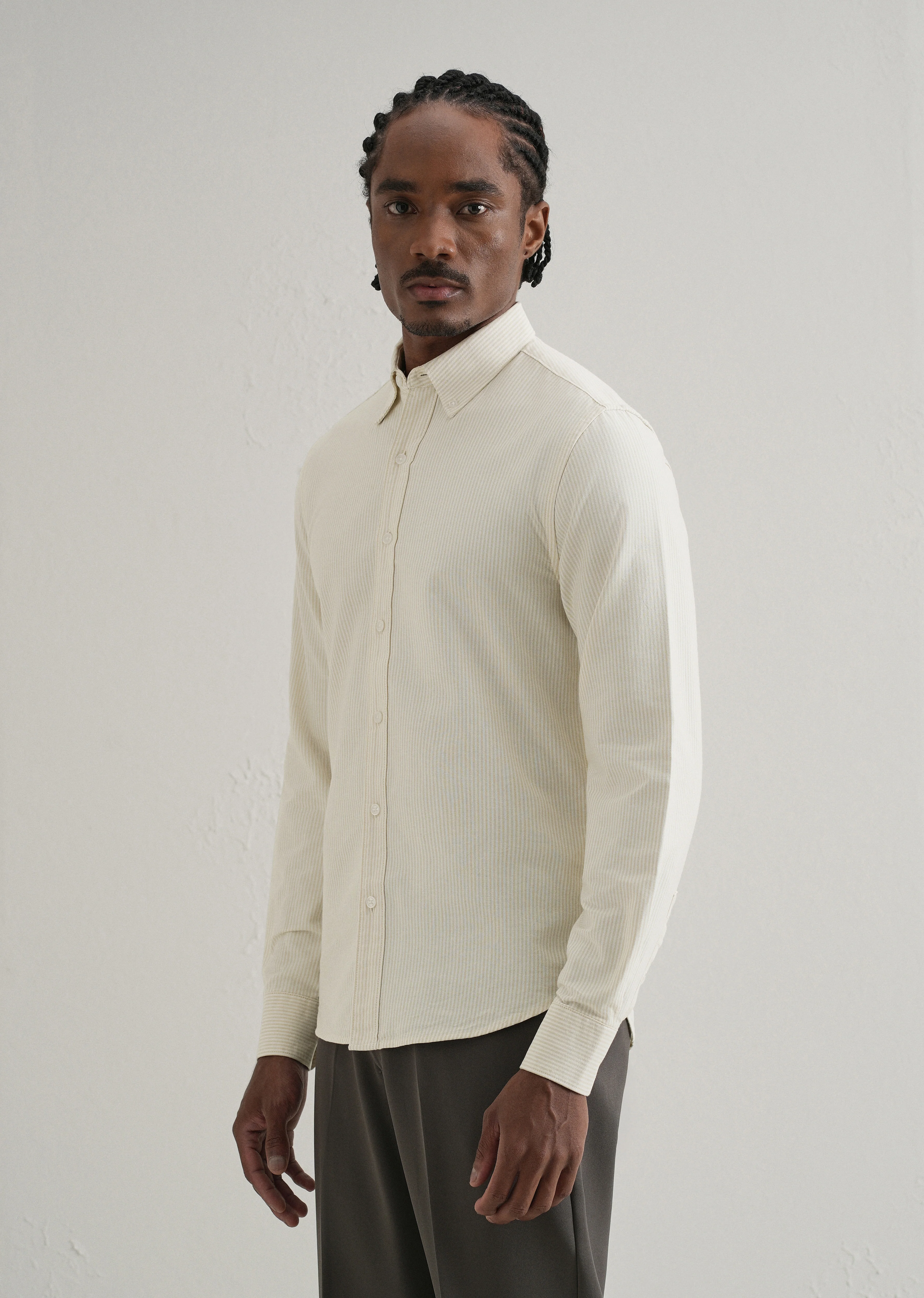 Beige Vertical Striped Cotton Shirt - Image 5