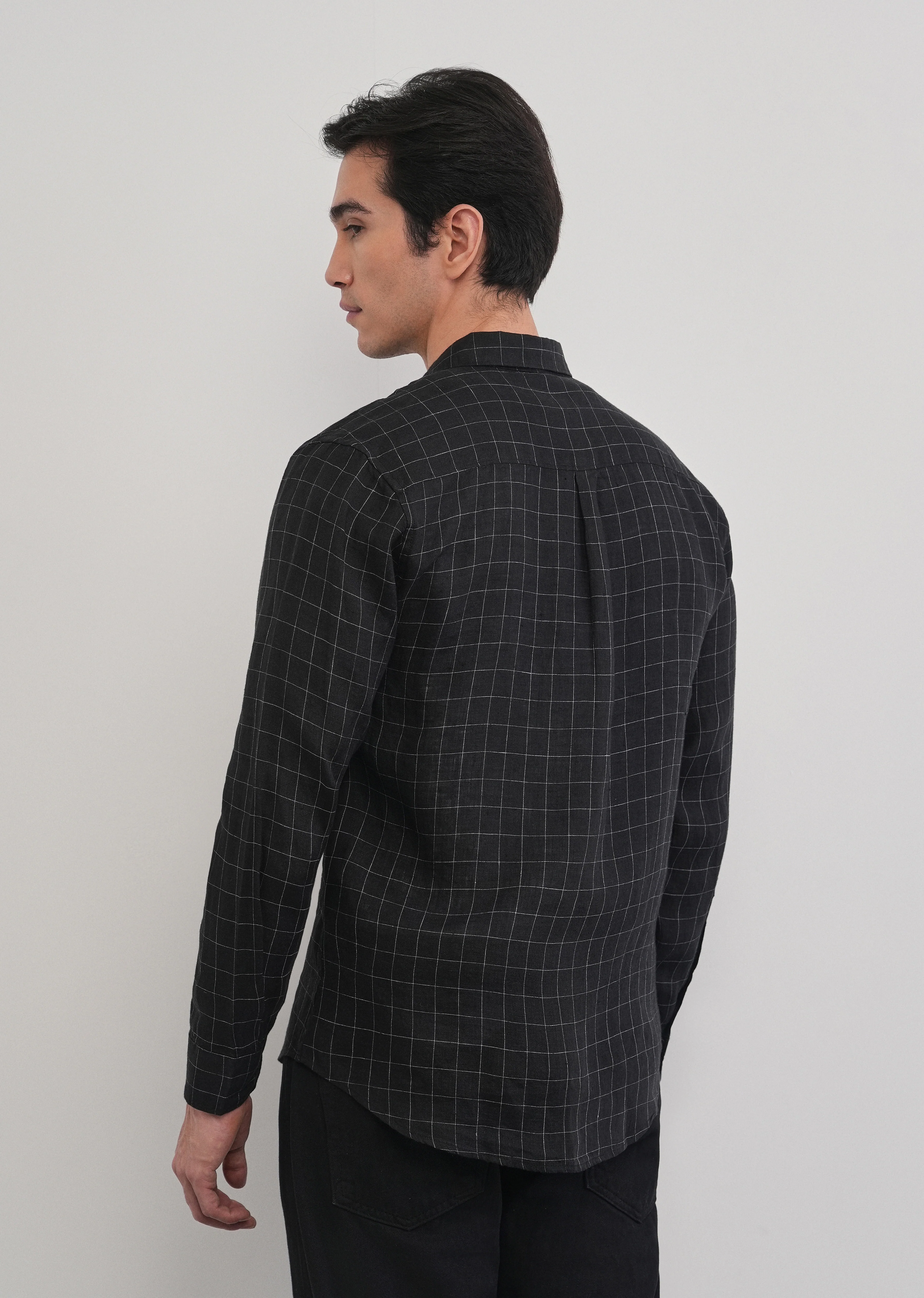Black 100% Pure Linen Classic Check Shirt - Image 3