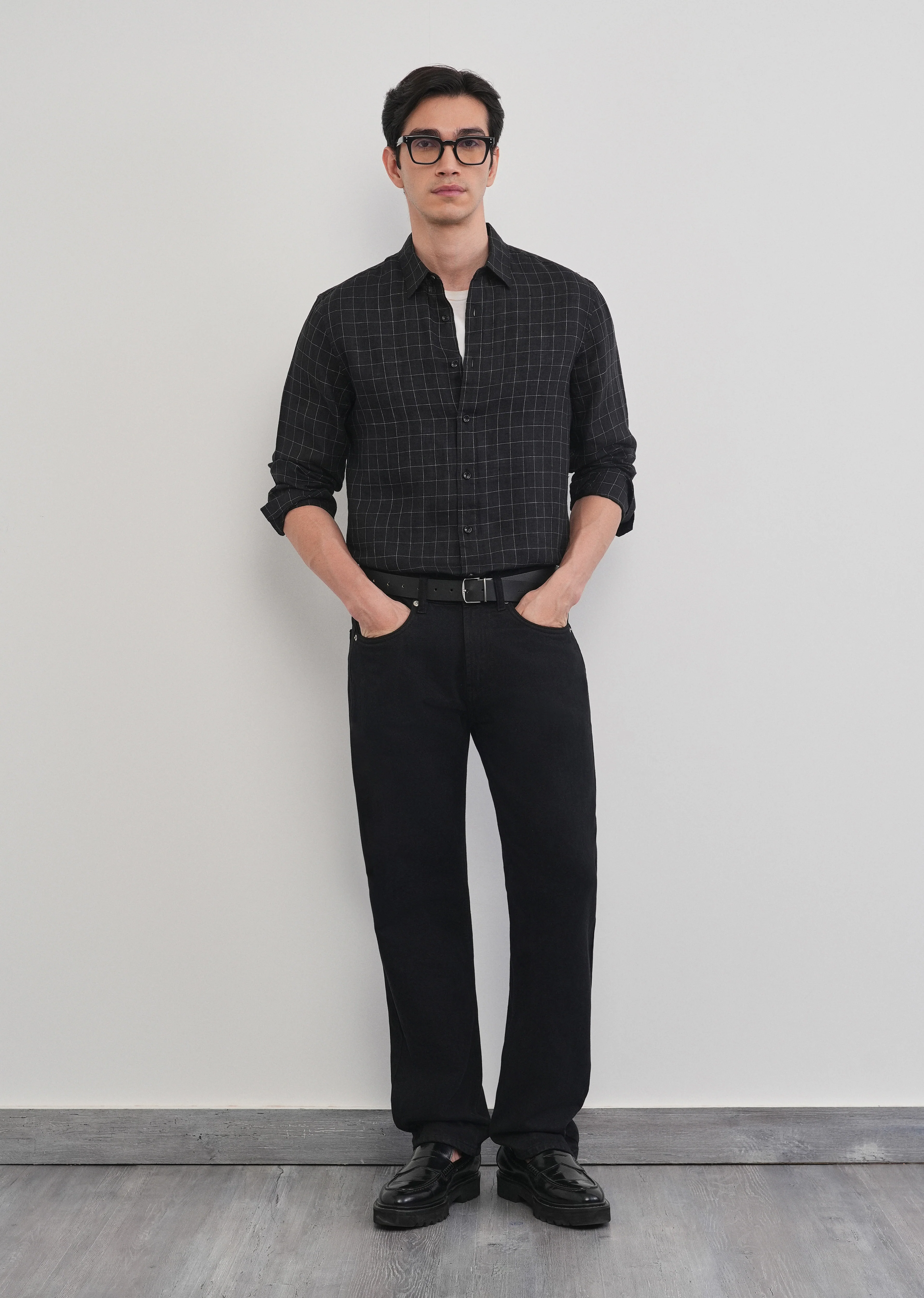 Black 100% Pure Linen Classic Check Shirt - Image 7