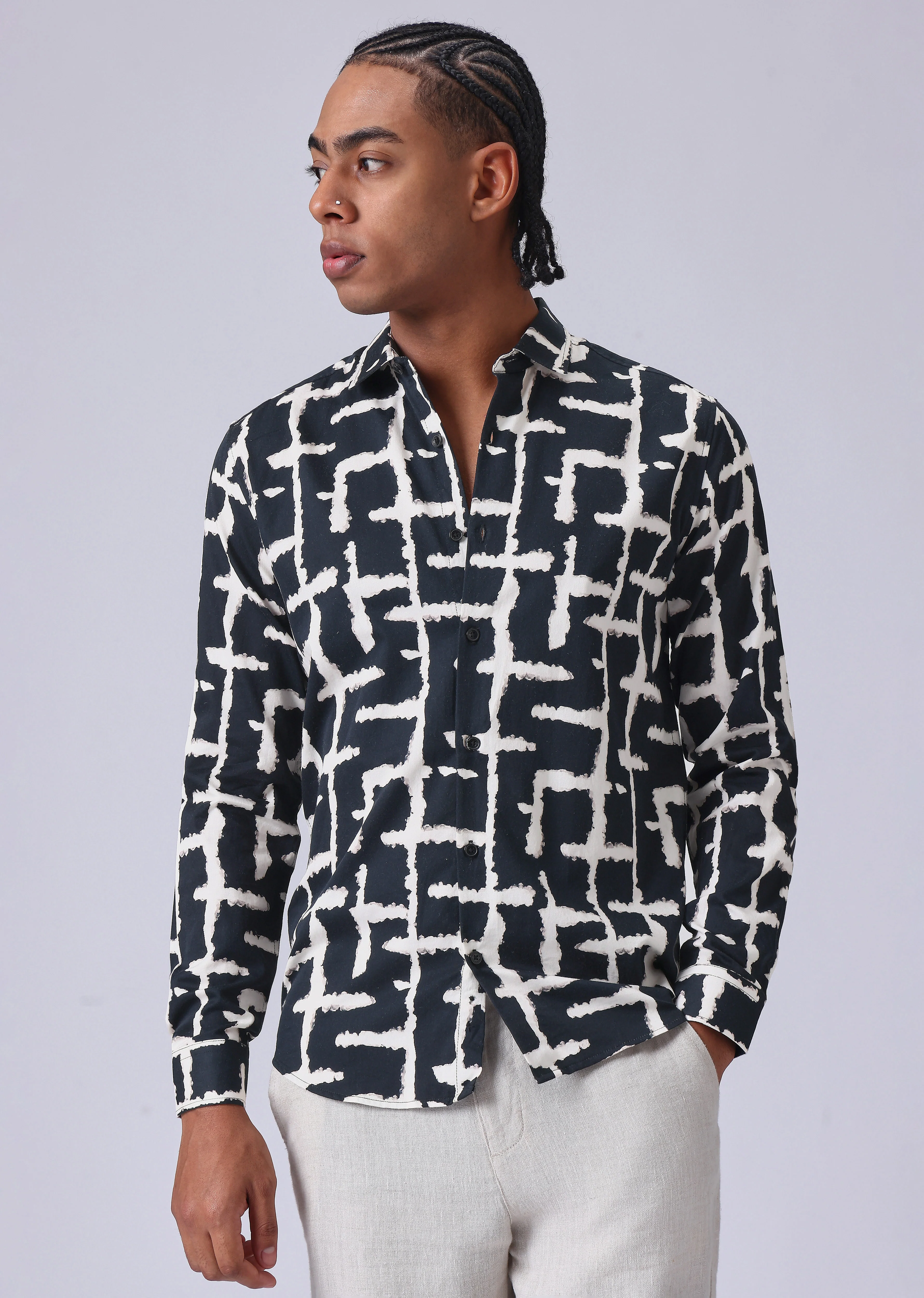 Black Abstract Check Print Shirt - Image 3