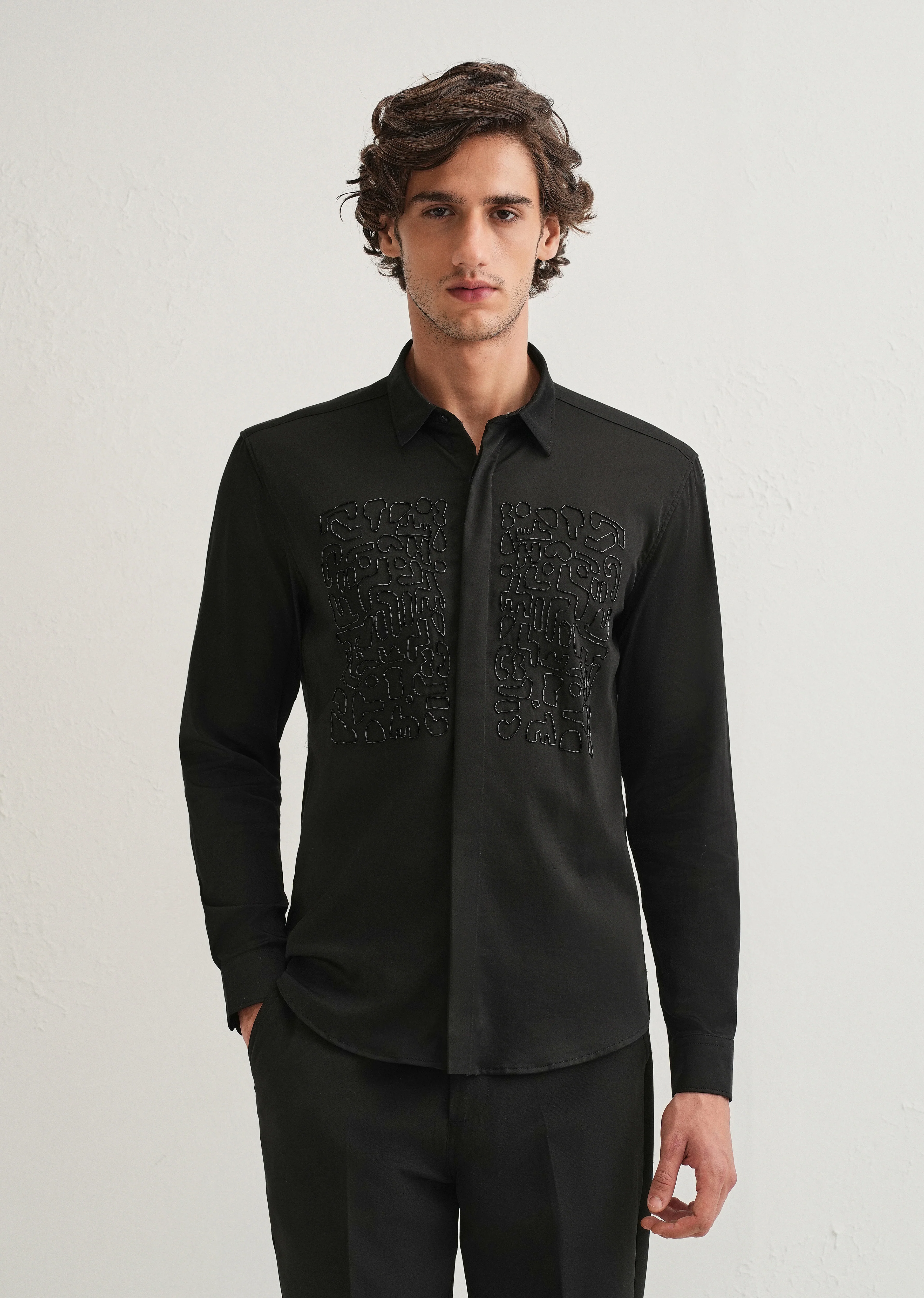 Black Abstract Embellished Designer Shirt - Image 3