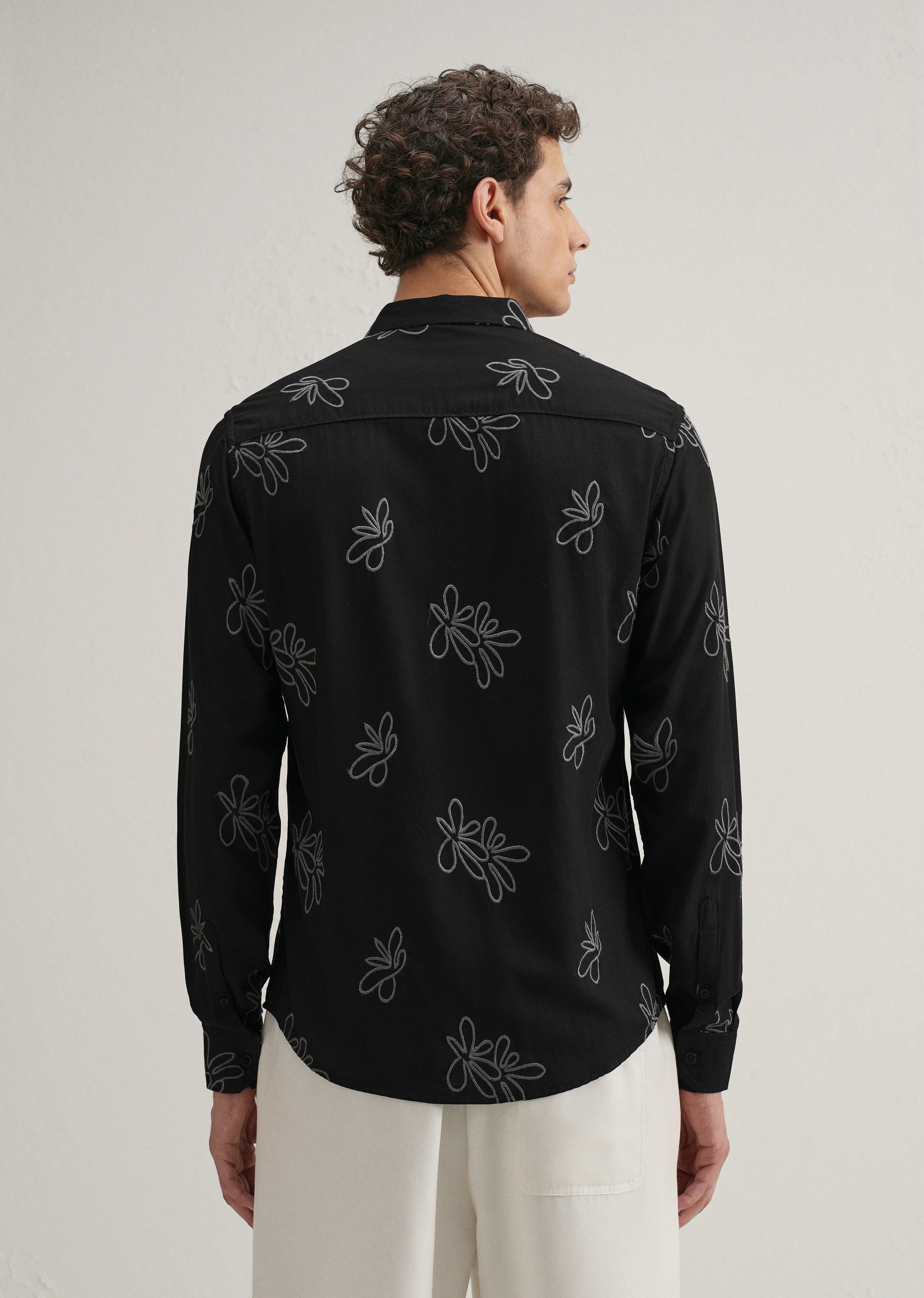 Black Abstract Floral Embroidery Shirt - Image 3