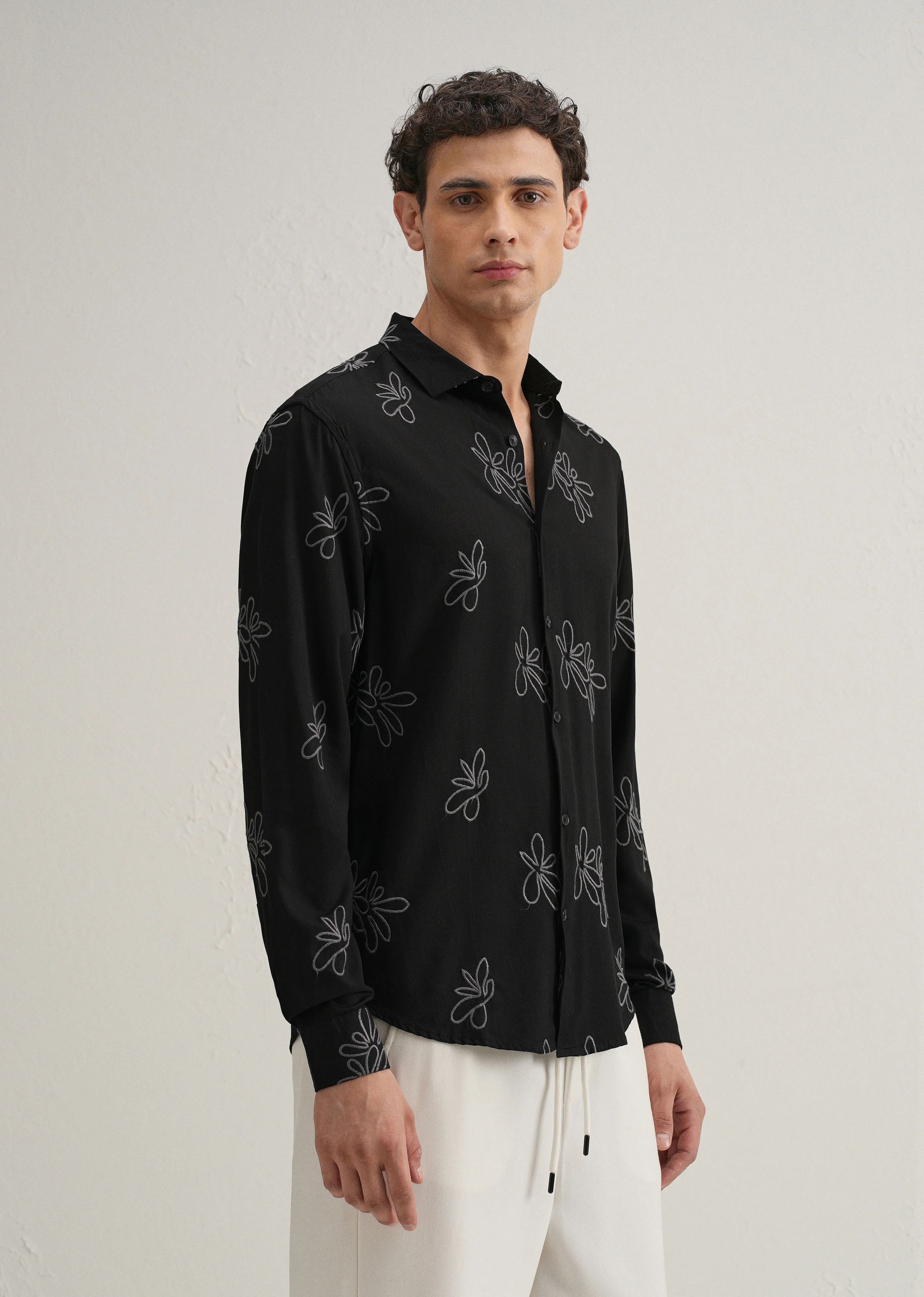 Black Abstract Floral Embroidery Shirt - Image 5
