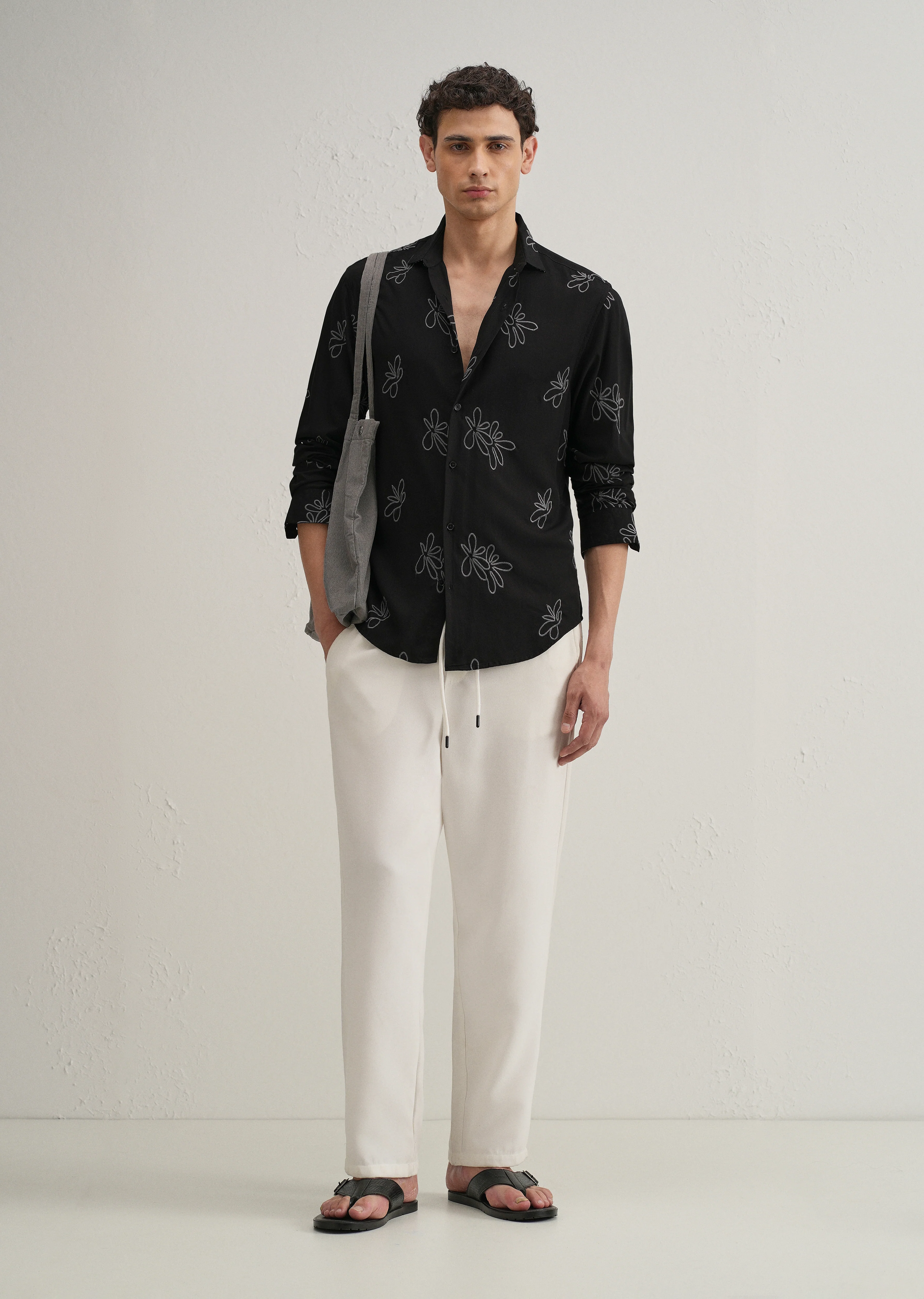 Black Abstract Floral Embroidery Shirt - Image 6