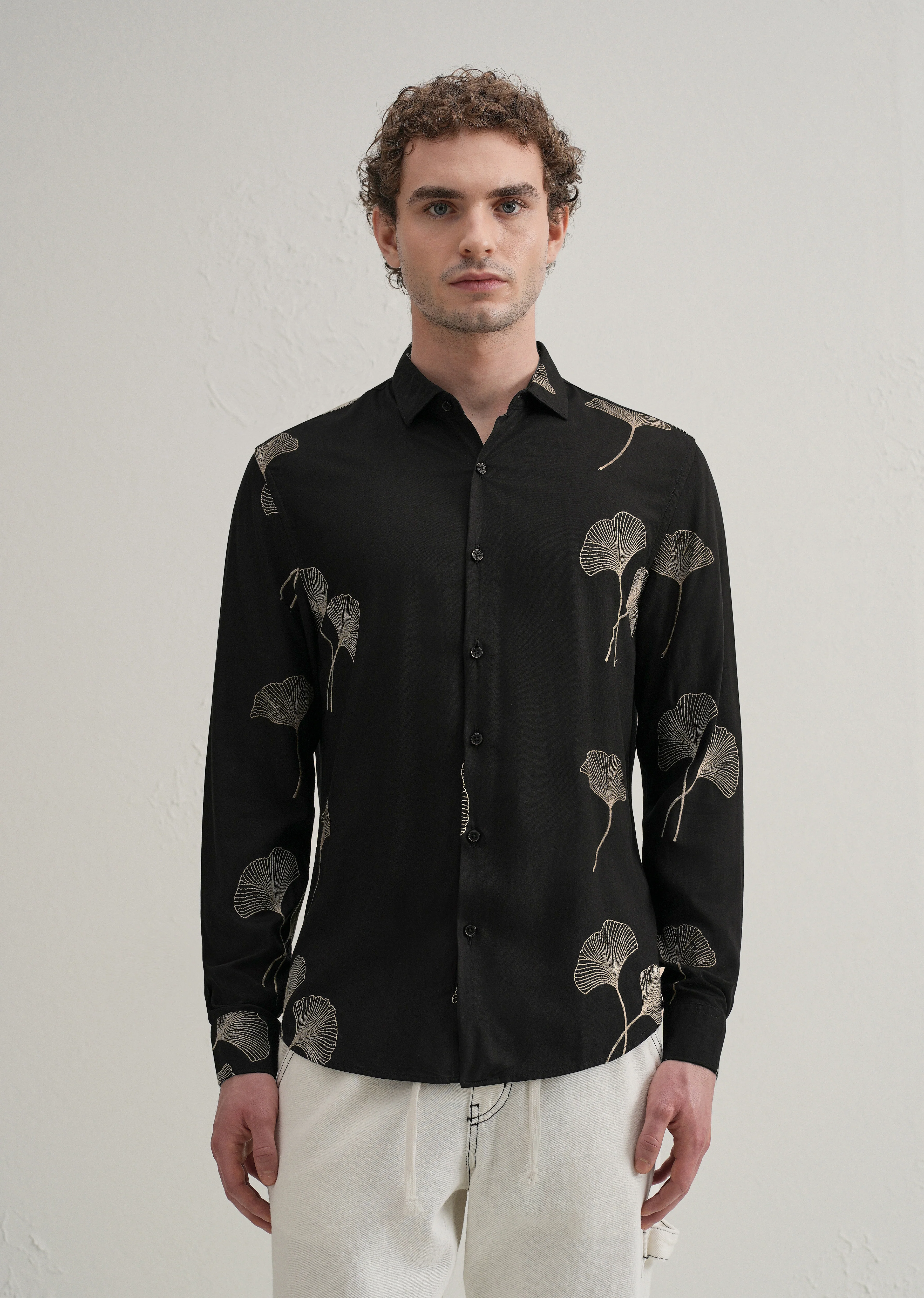 Black Abstract Leaf Embroidery Shirt - Image 4