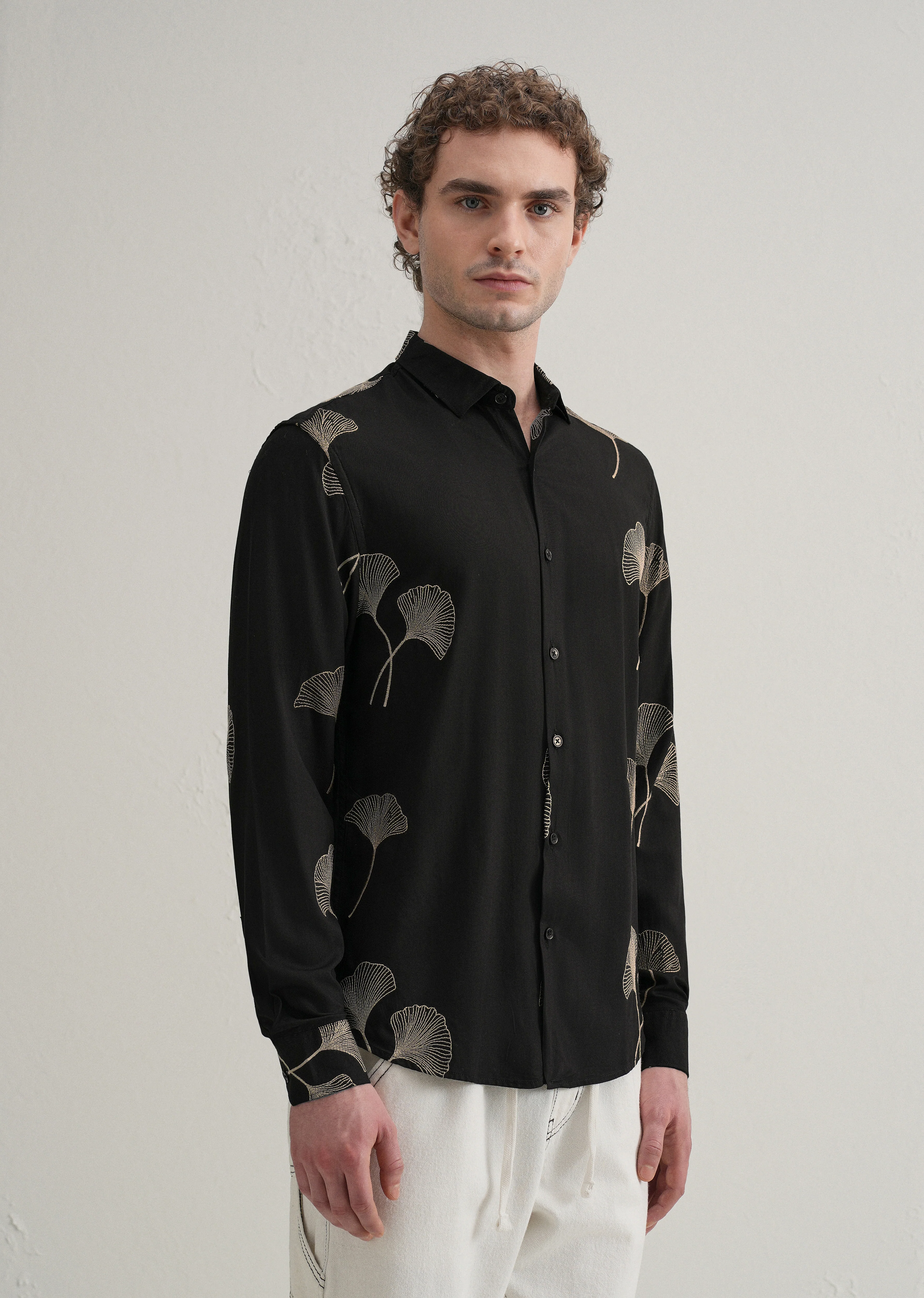 Black Abstract Leaf Embroidery Shirt - Image 5