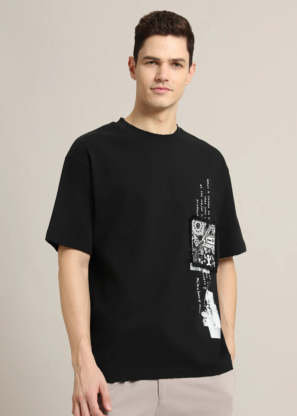 Black Applique Printed Oversized T-shirt - Image 3