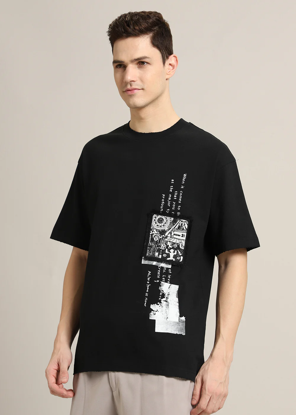 Black Applique Printed Oversized T-shirt - Image 5