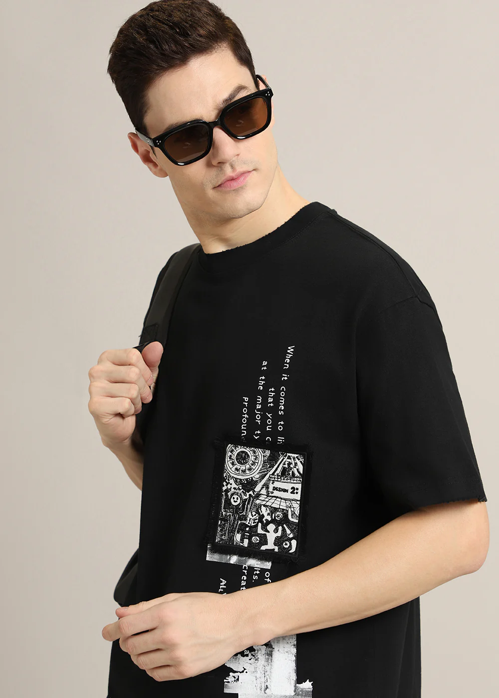 Black Applique Printed Oversized T-shirt - Image 7