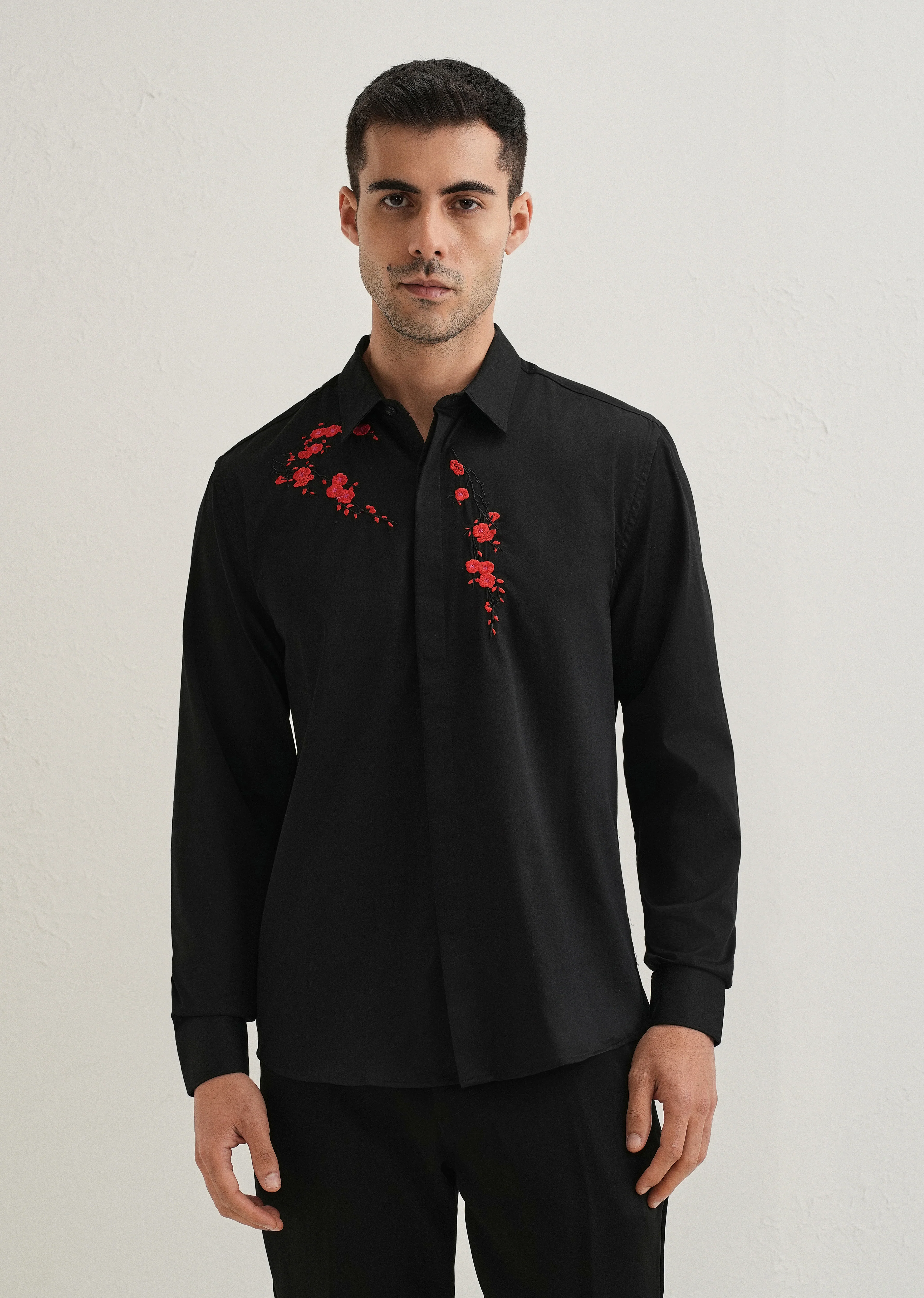 Black Blossom Embroidered Designer Shirt - Image 3