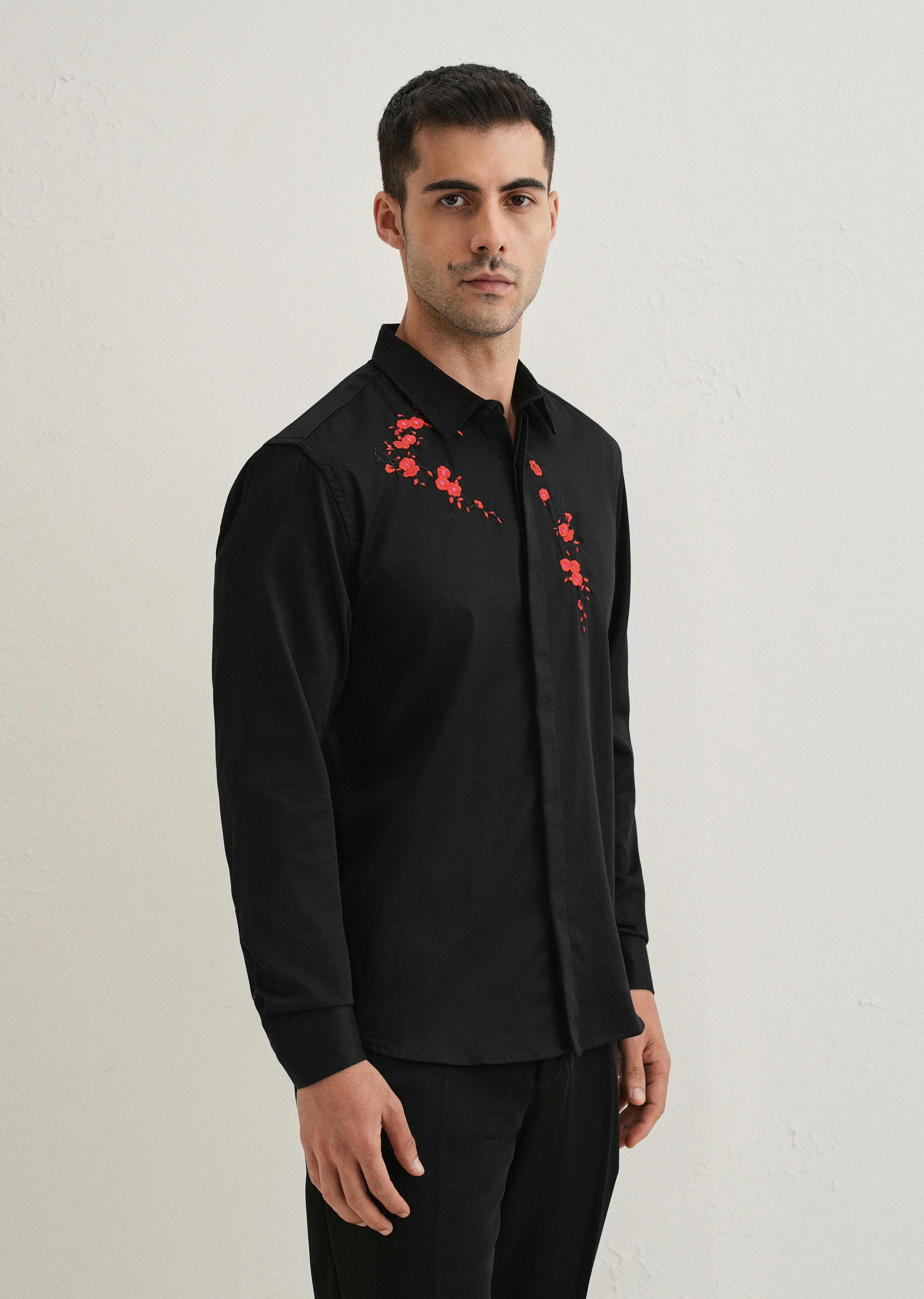 Black Blossom Embroidered Designer Shirt - Image 4