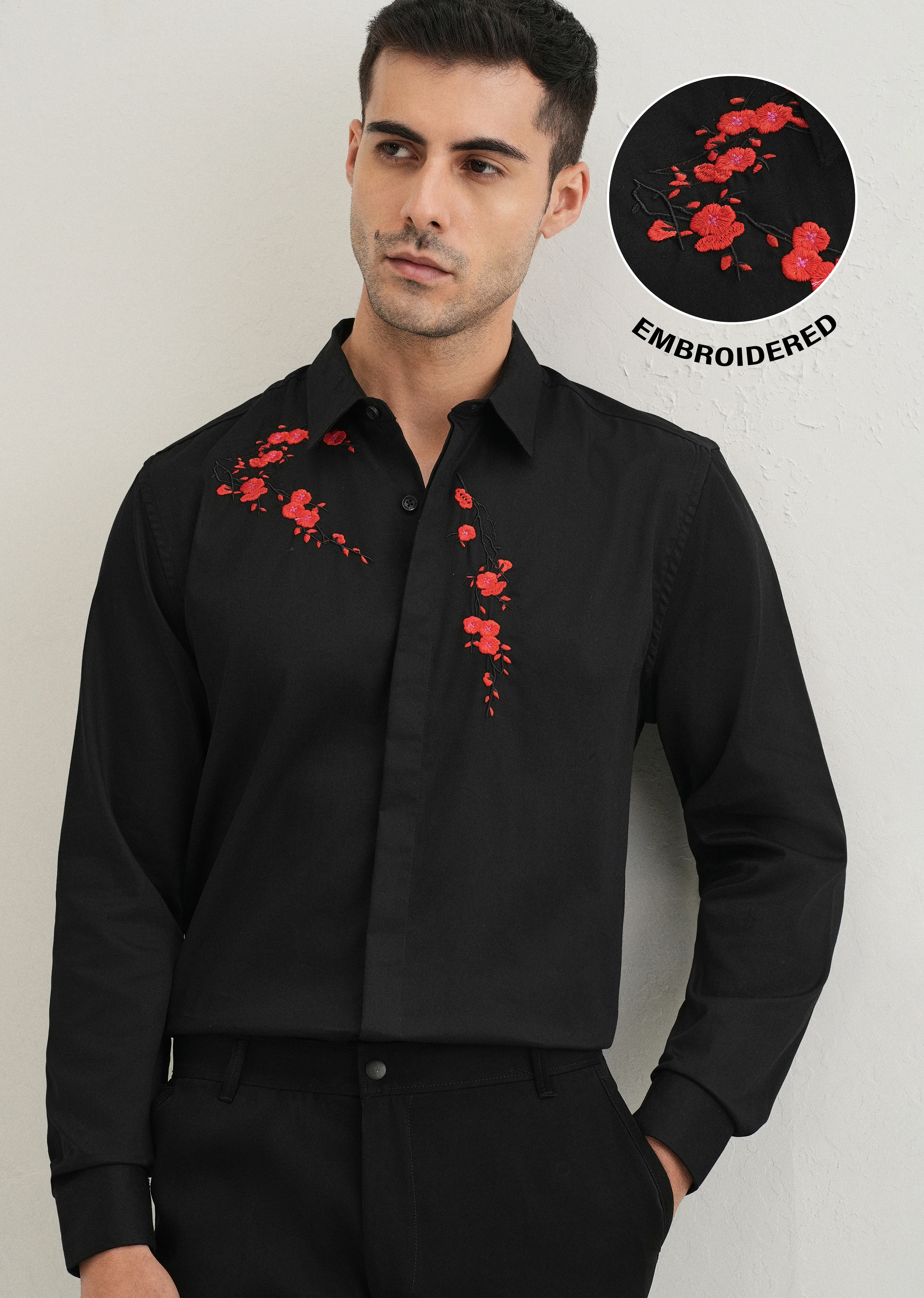 Black Blossom Embroidered Designer Shirt - Image 7