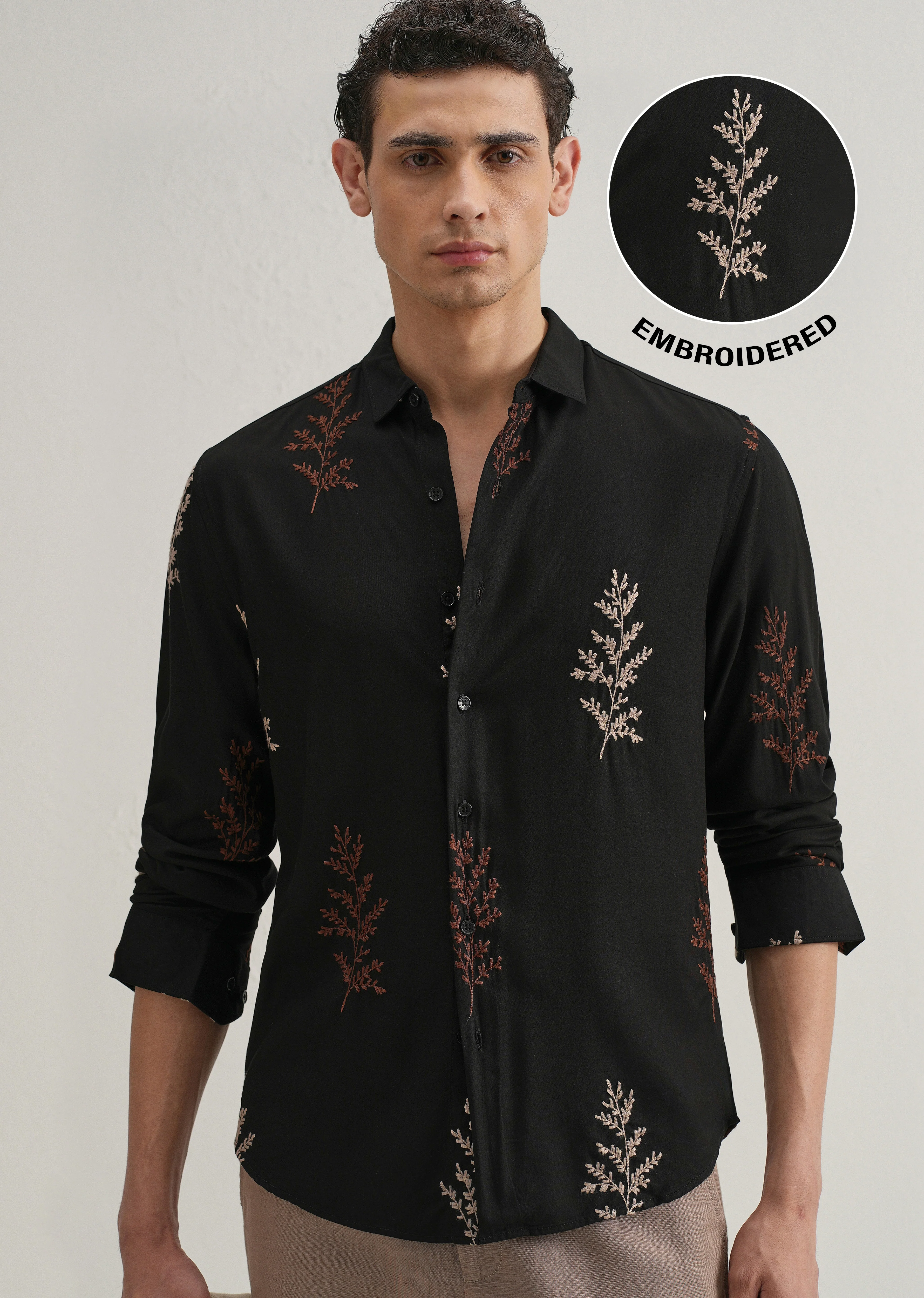 Black Botanical Embroidery Shirt - Image 7