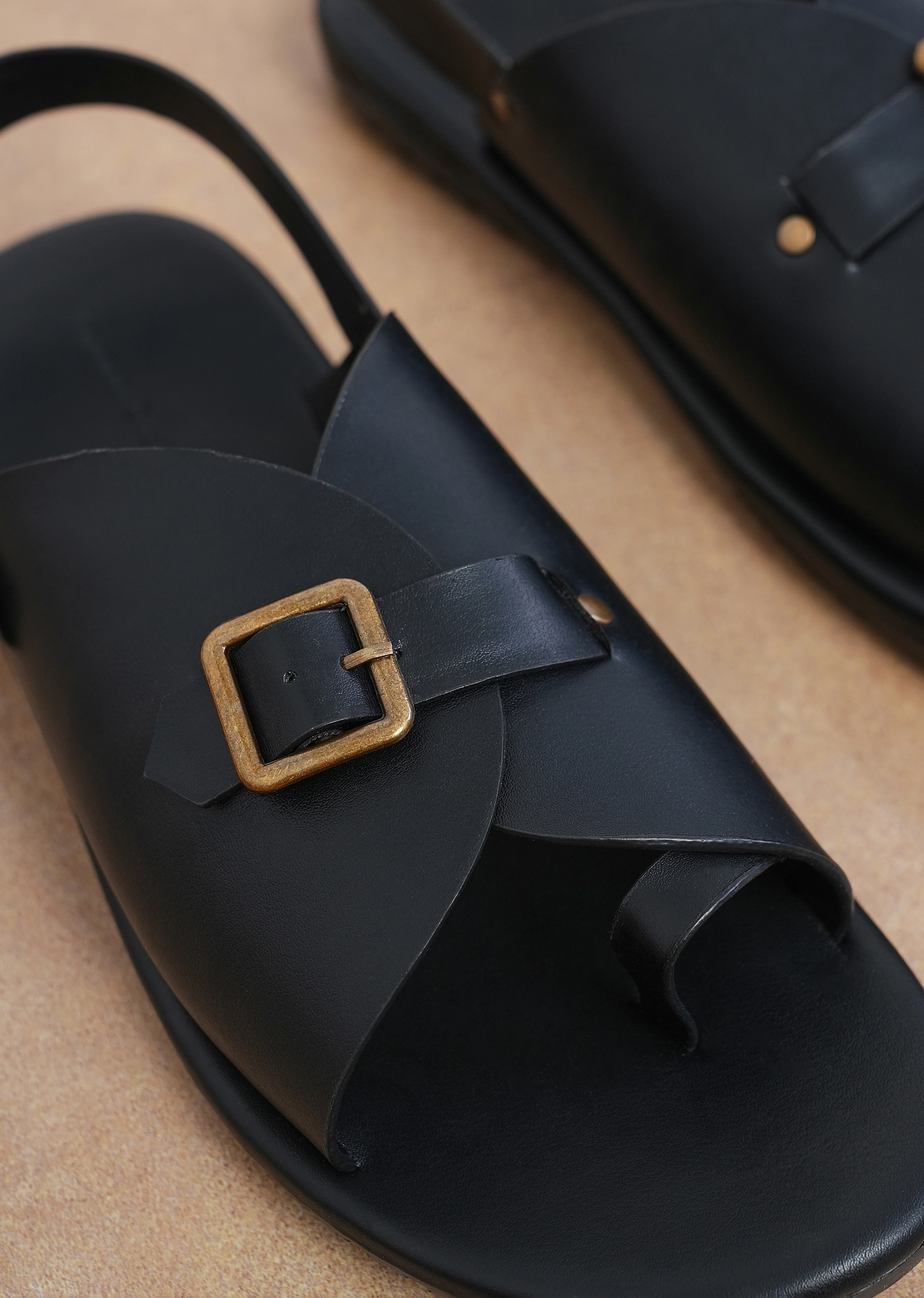 Black Buckle Detail Cross Strap Sandals - Image 5