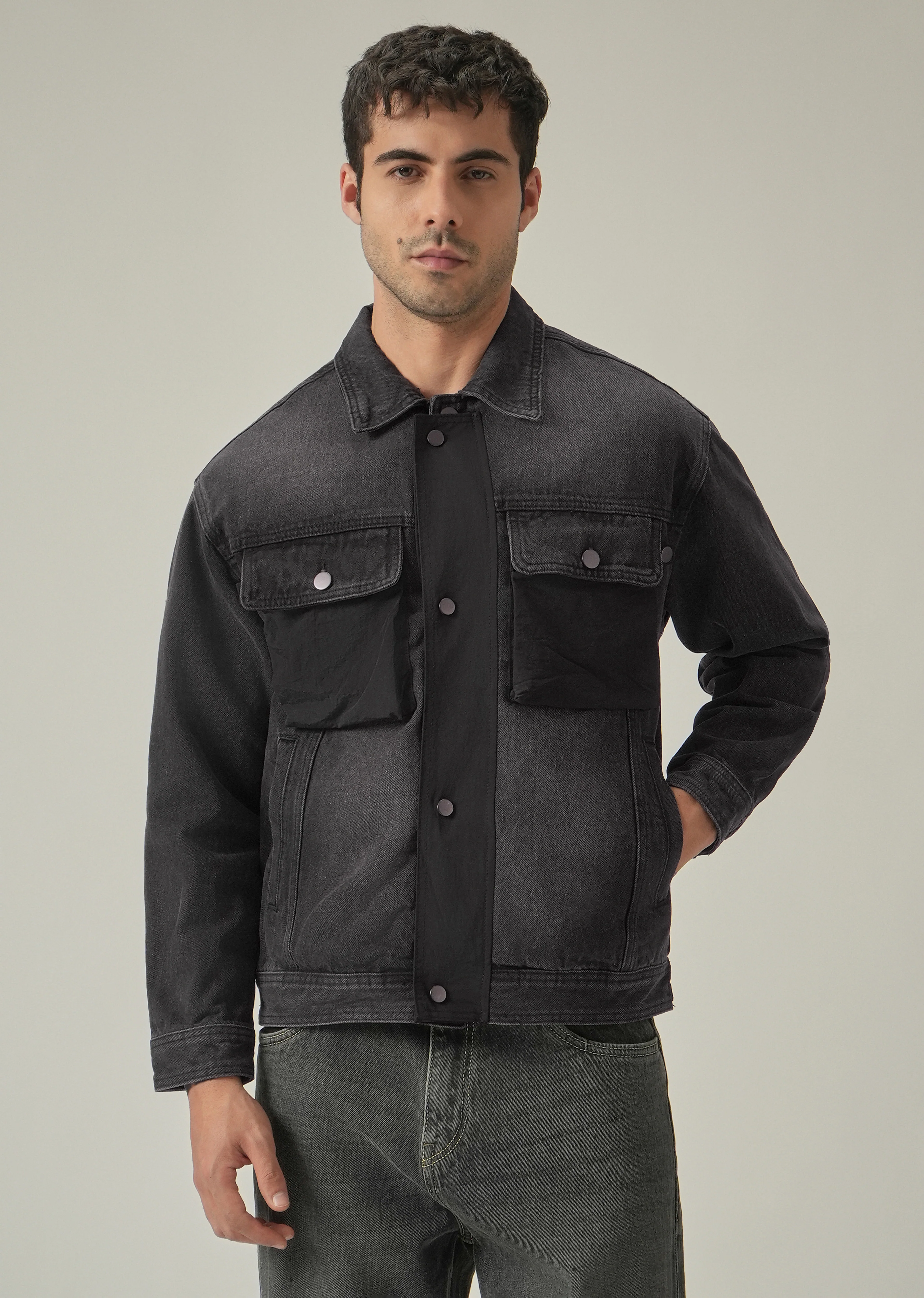Black Contrast Pocket Denim Jacket - Image 3