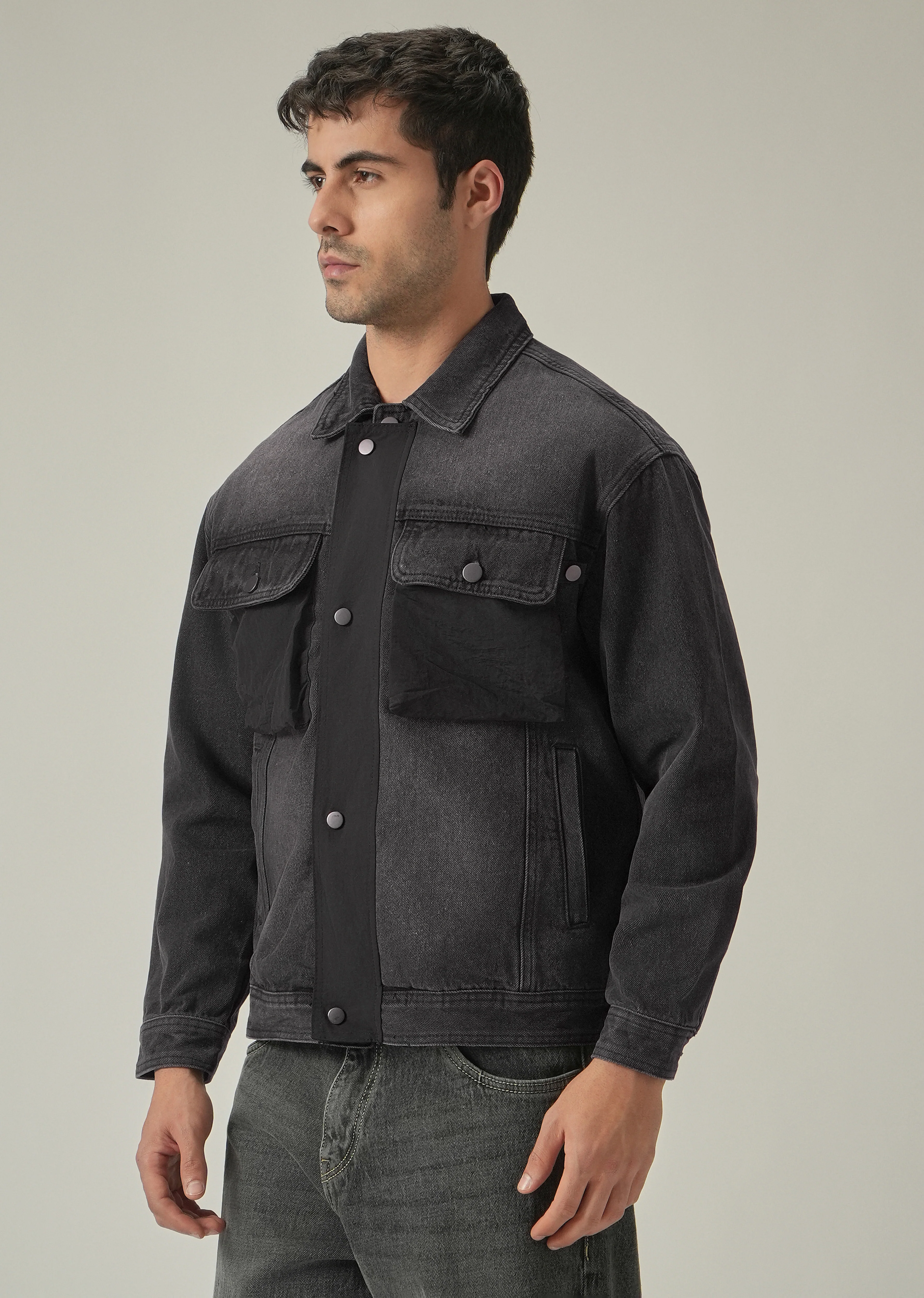 Black Contrast Pocket Denim Jacket - Image 4