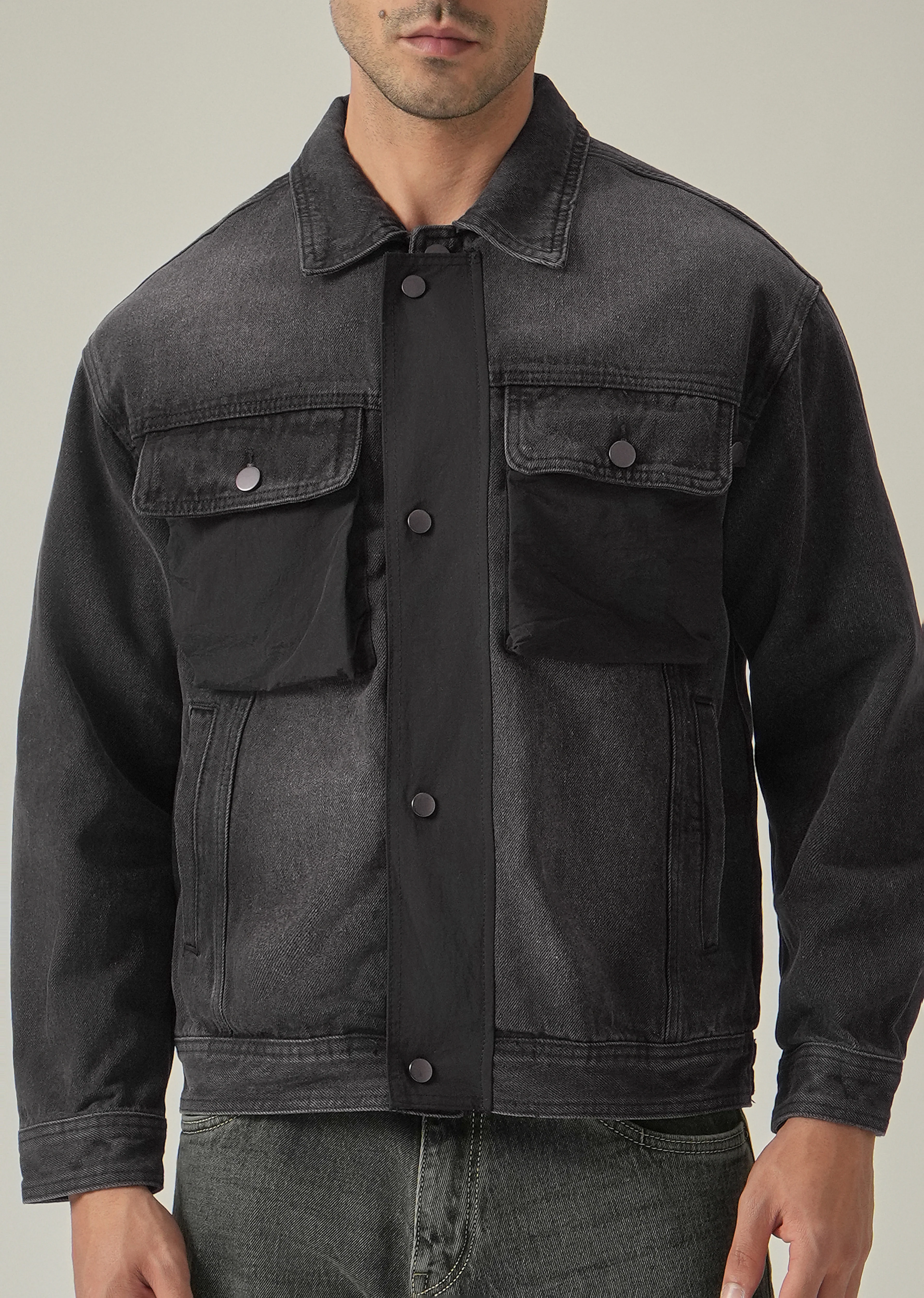 Black Contrast Pocket Denim Jacket - Image 7