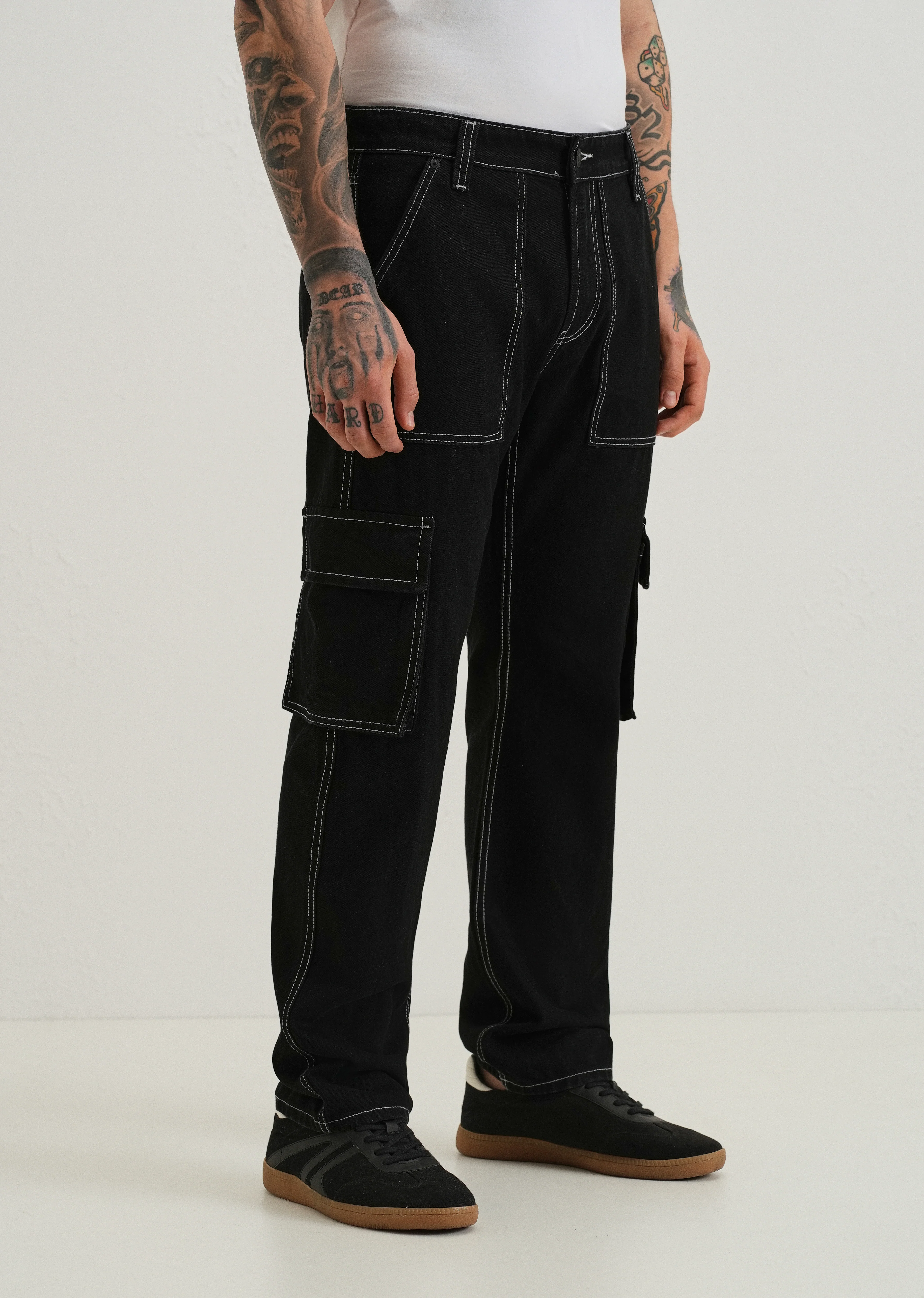 Black Contrast Stitched Denim Cargo - Image 4
