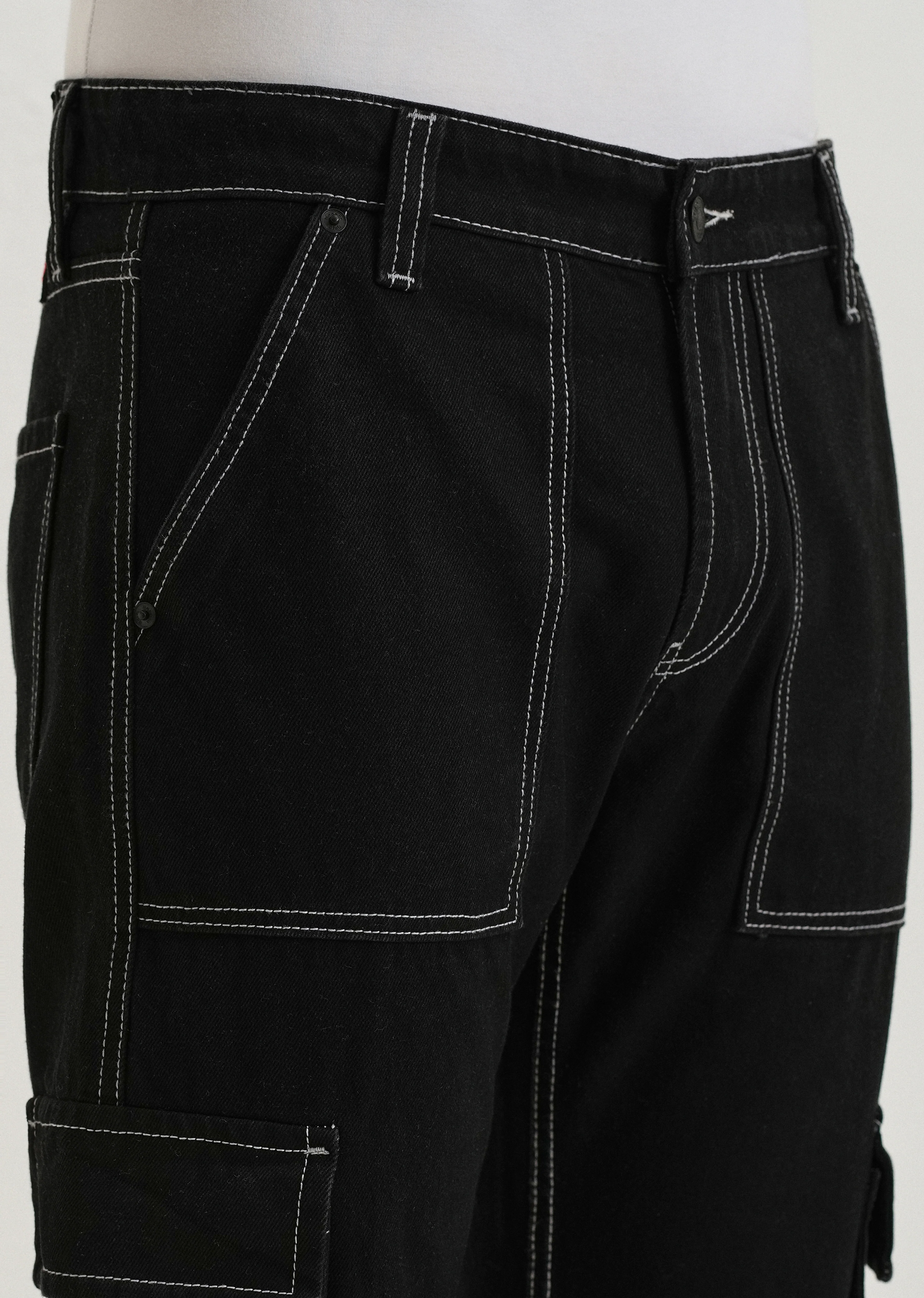 Black Contrast Stitched Denim Cargo - Image 5