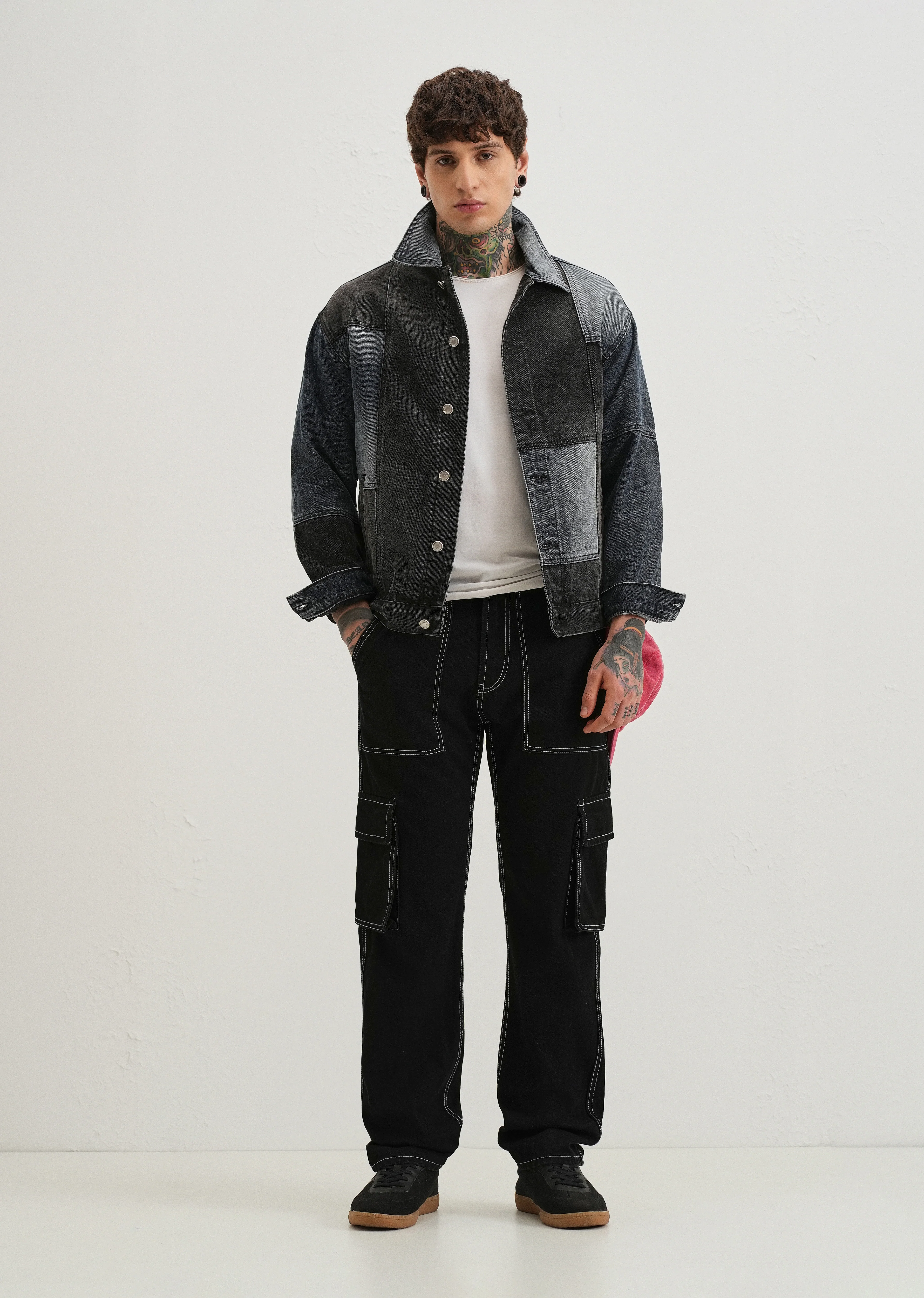 Black Contrast Stitched Denim Cargo - Image 6